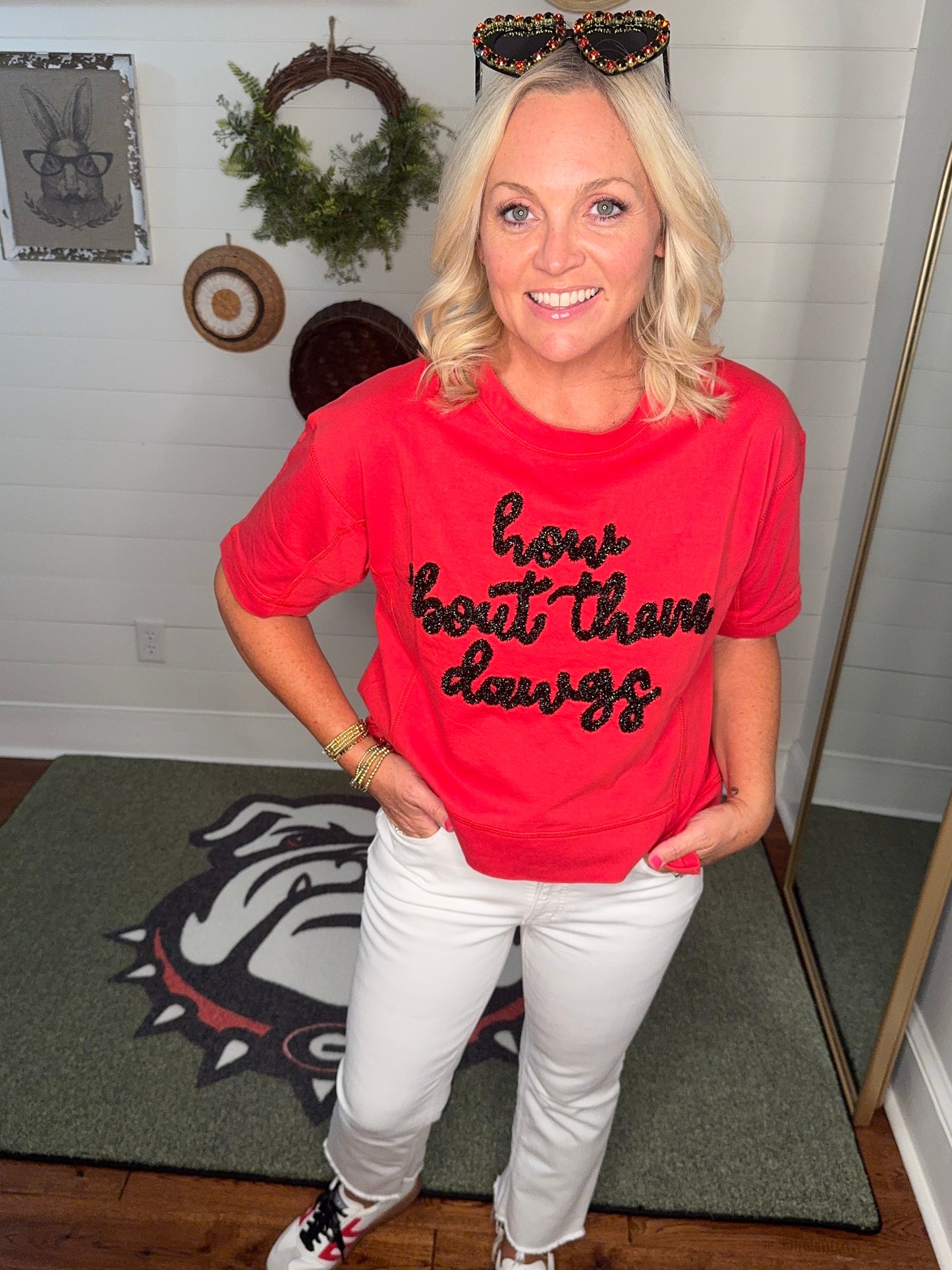 New Glitter script boxy red top “How bout them dawgs”