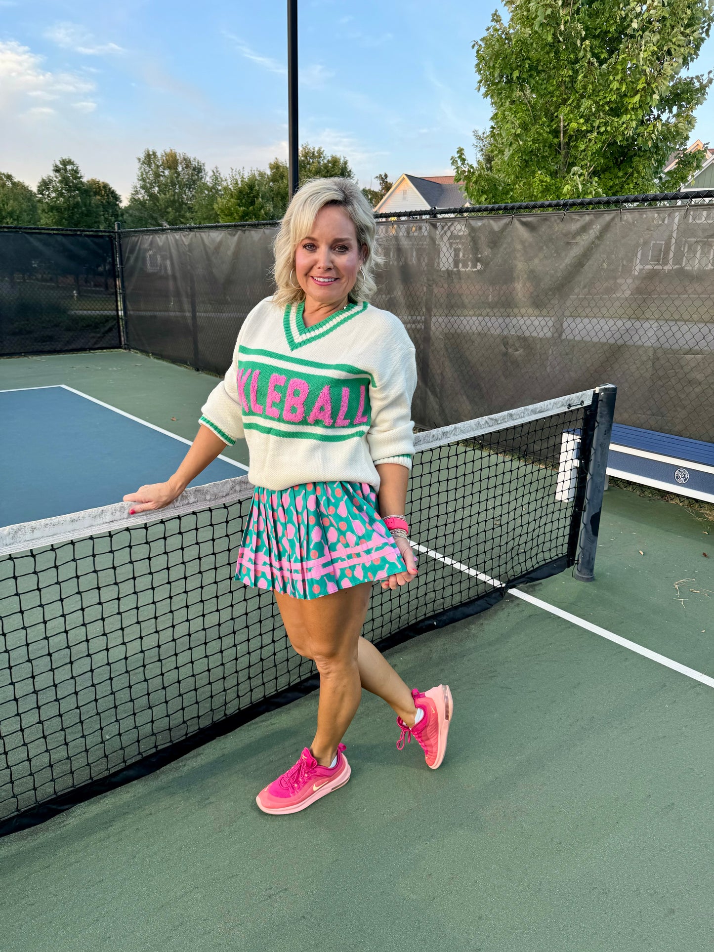 Pickle ball tennis skirt green with pink rackets pleated