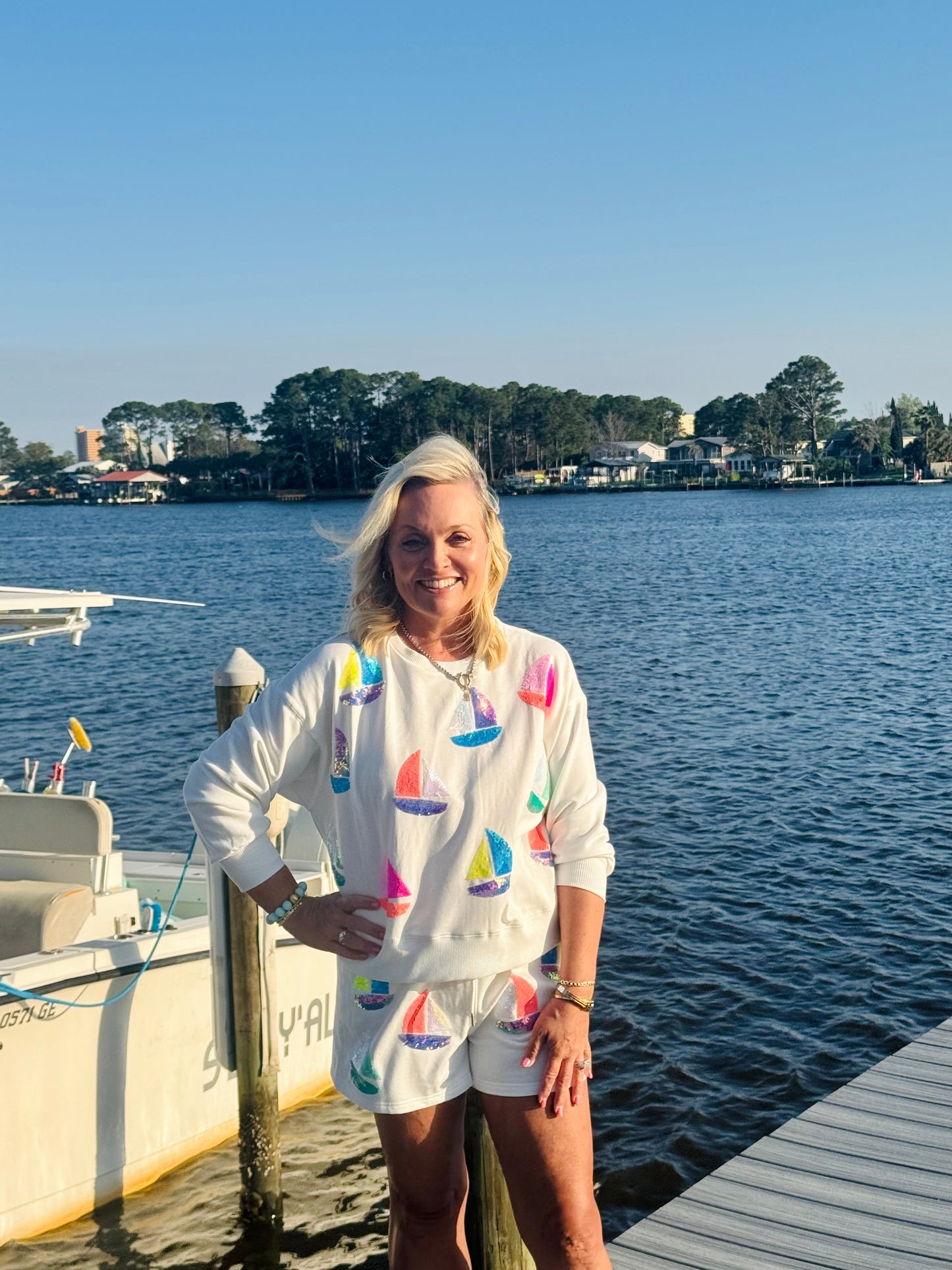 Sequin sailboat short and sweatshirt set marked down