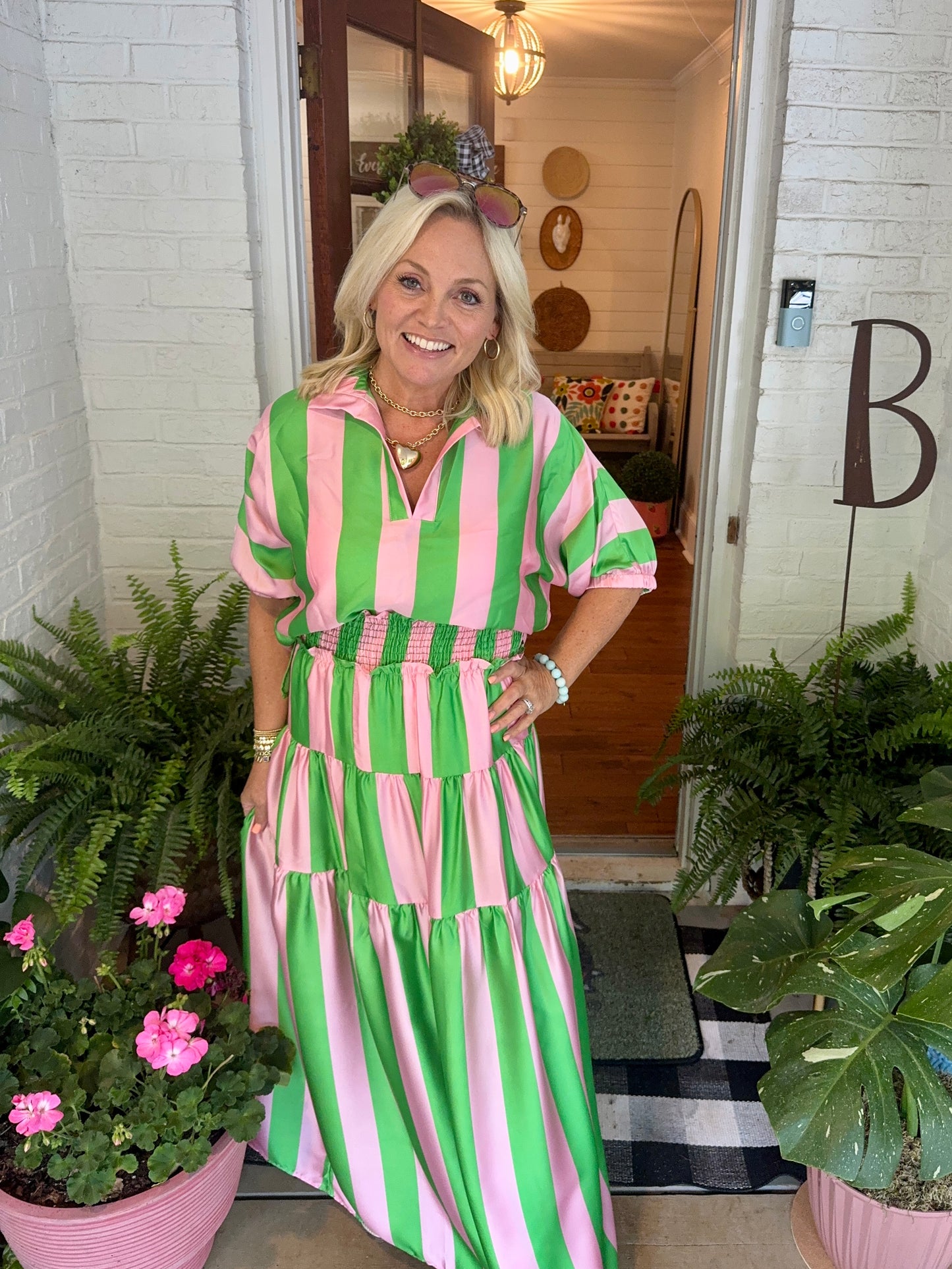 Summer top green and pink striped with collar marked down