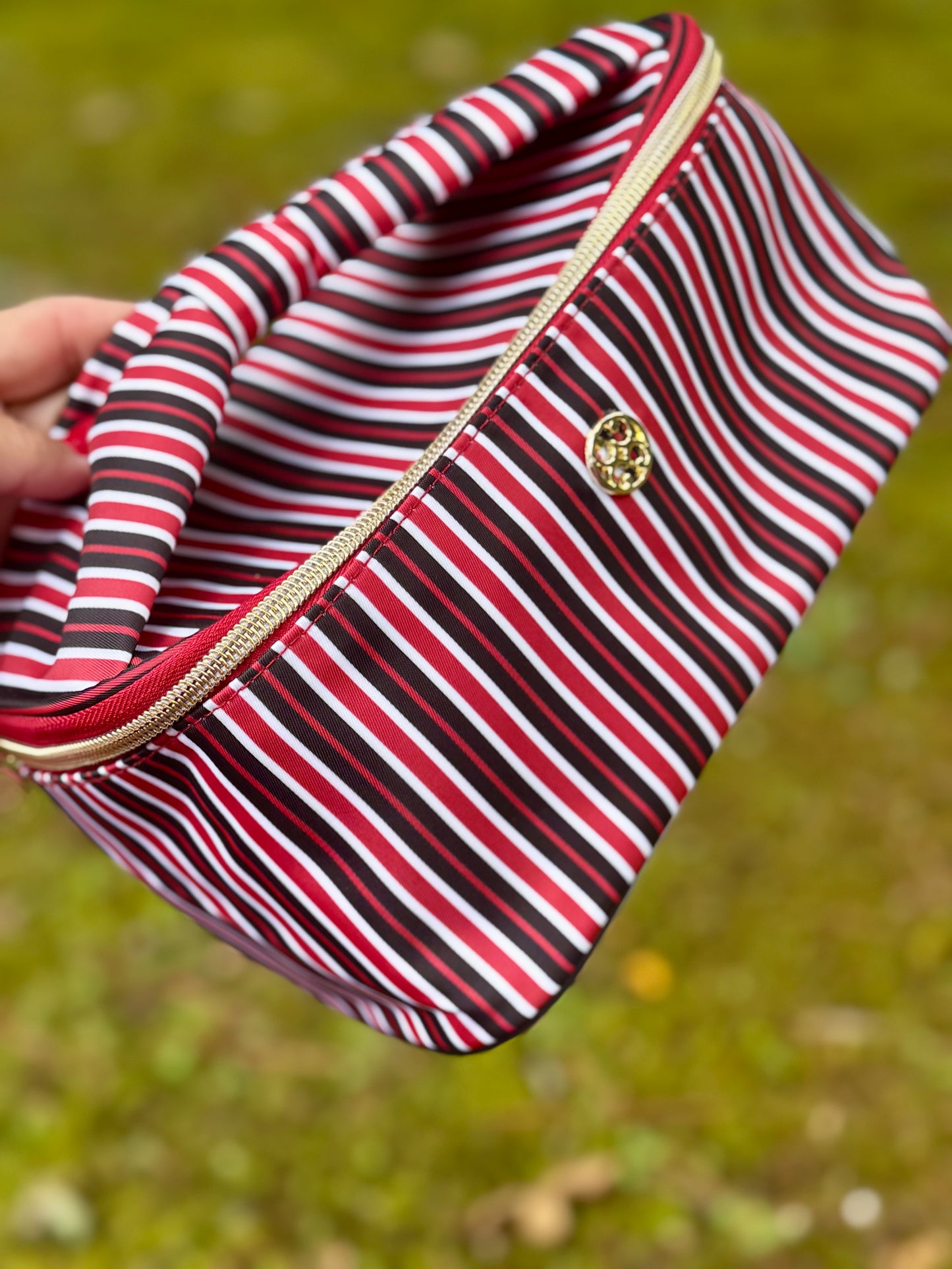 Red and black stripe cosmetic bag with bow handle!