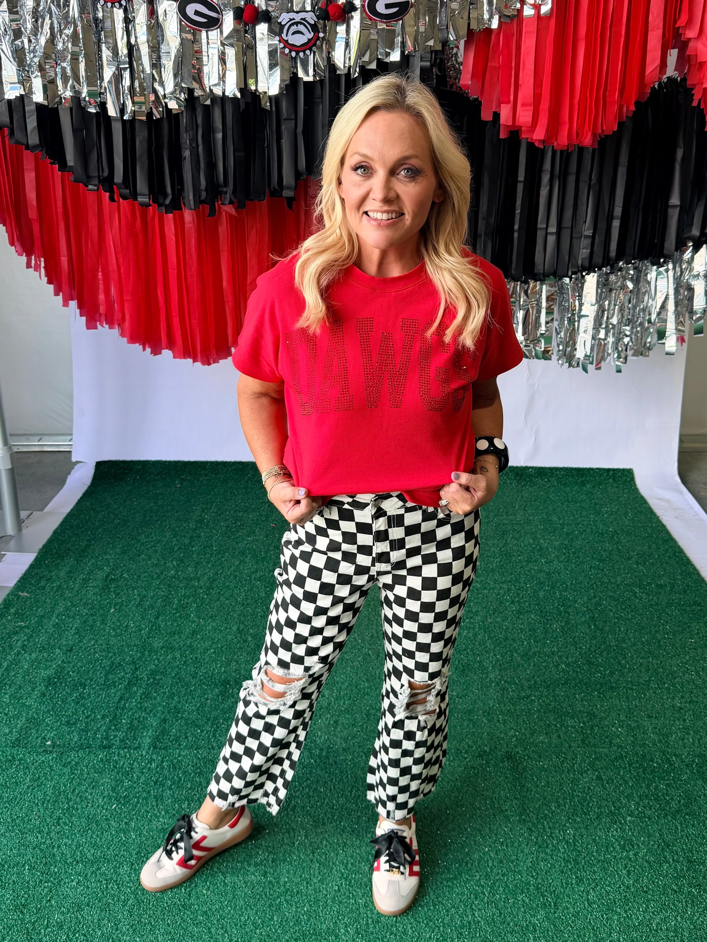 Game day black and white checked distressed raw edge jeans