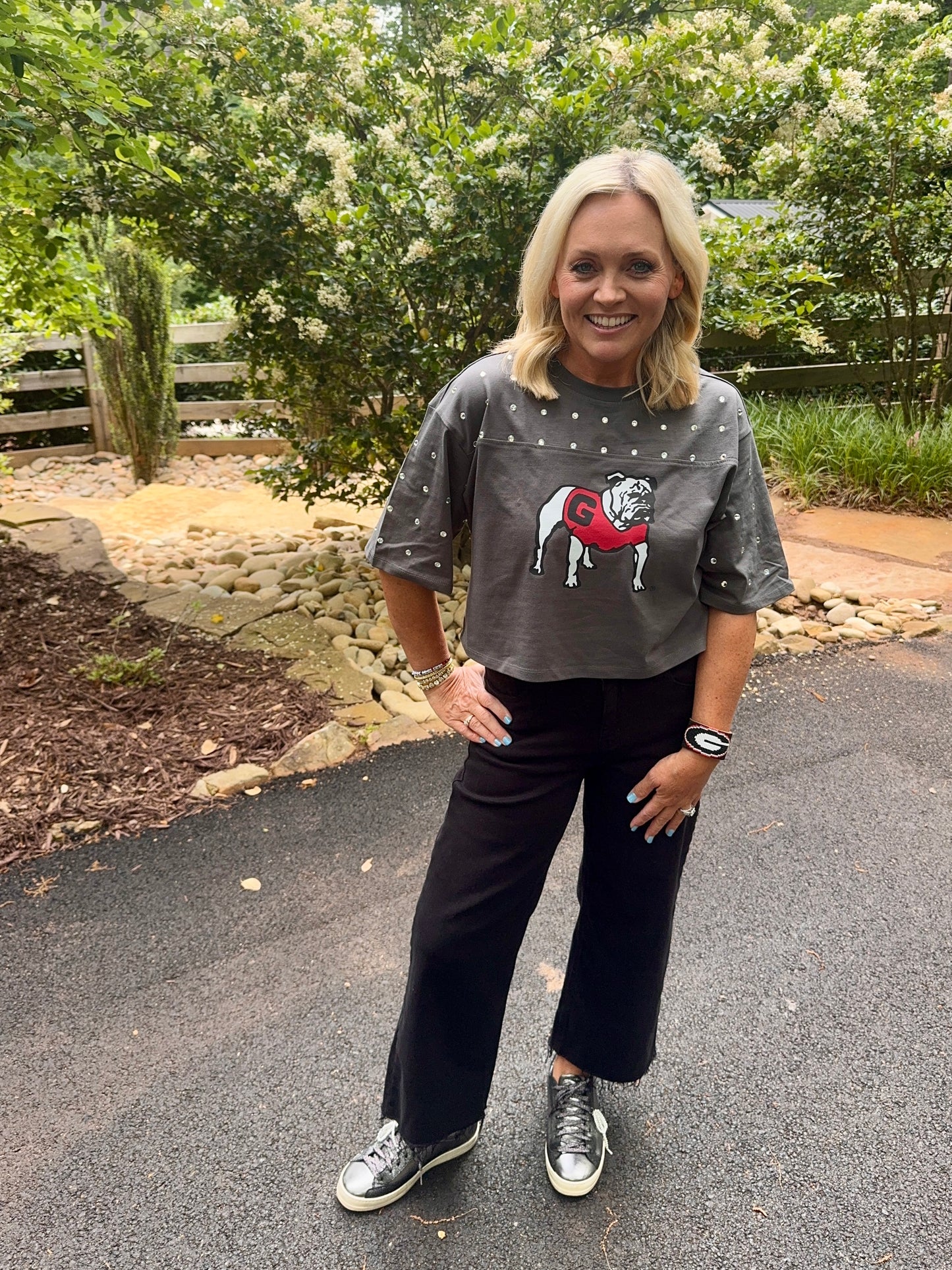 Cropped charcoal gray licensed bulldog top with rhinestones