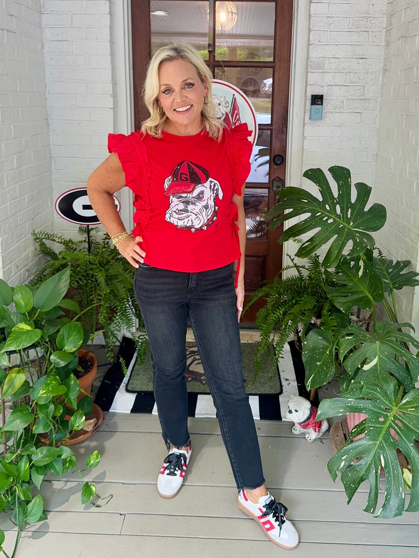 Ruffle Red top licensed with bulldog