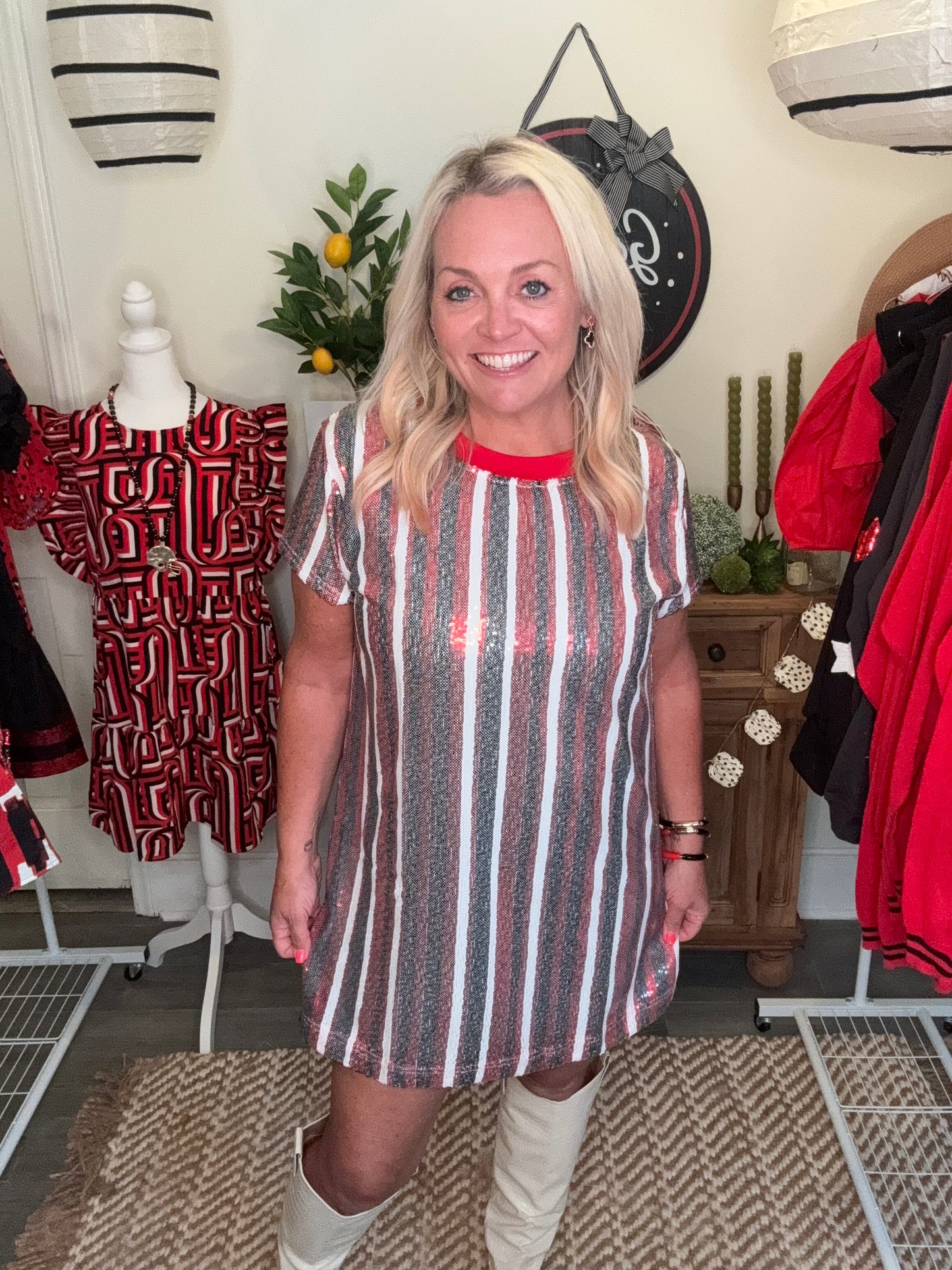 Sequin dress black and red stripe virtual marked way down