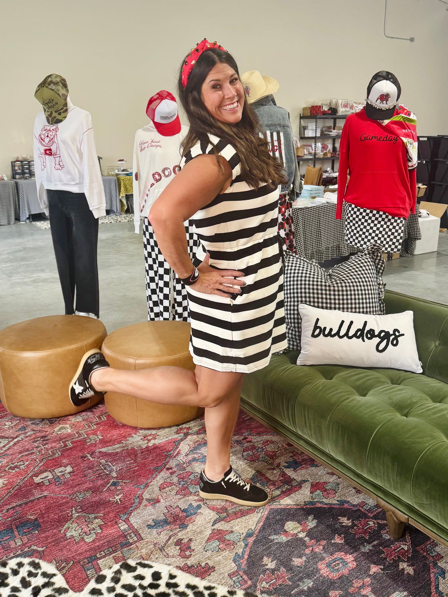 New knit dress black and white cream stripe