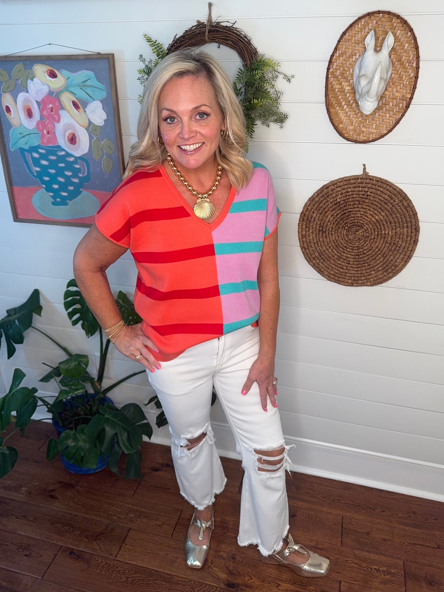 Sweater top stripe color block marked down