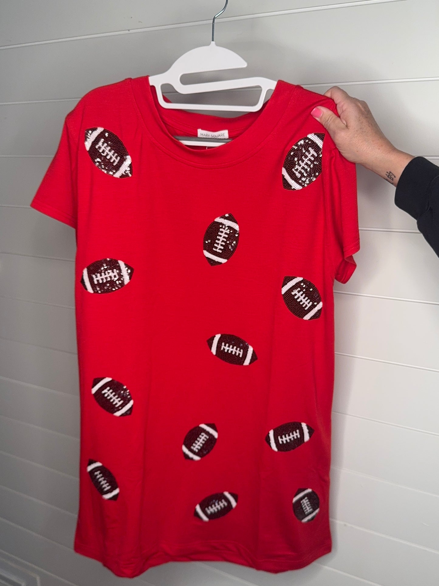 Red cotton dress sequin footballs new lower price