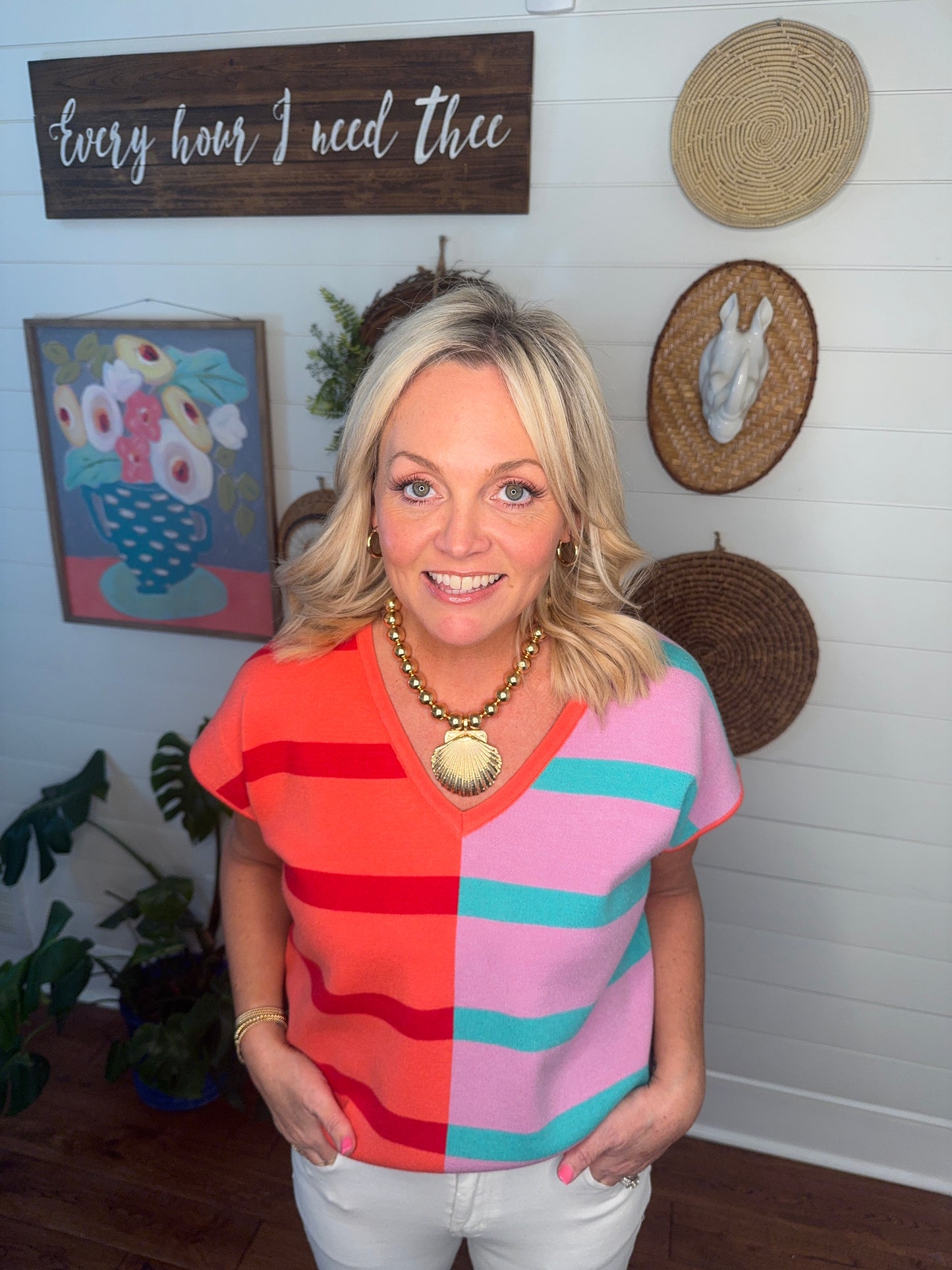 Sweater top stripe color block marked down