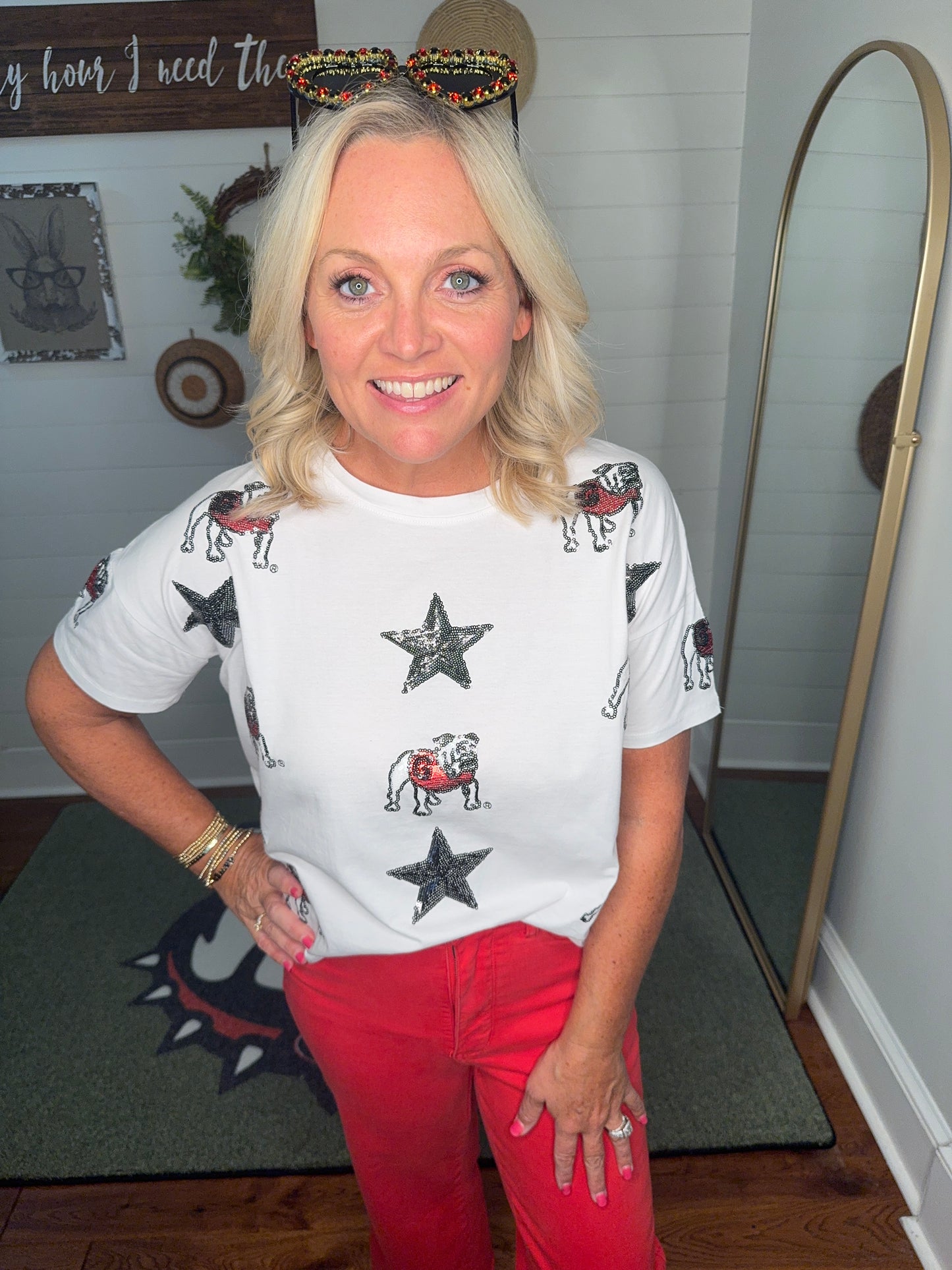 New White boxy tee with all over sequin bulldog licensed
