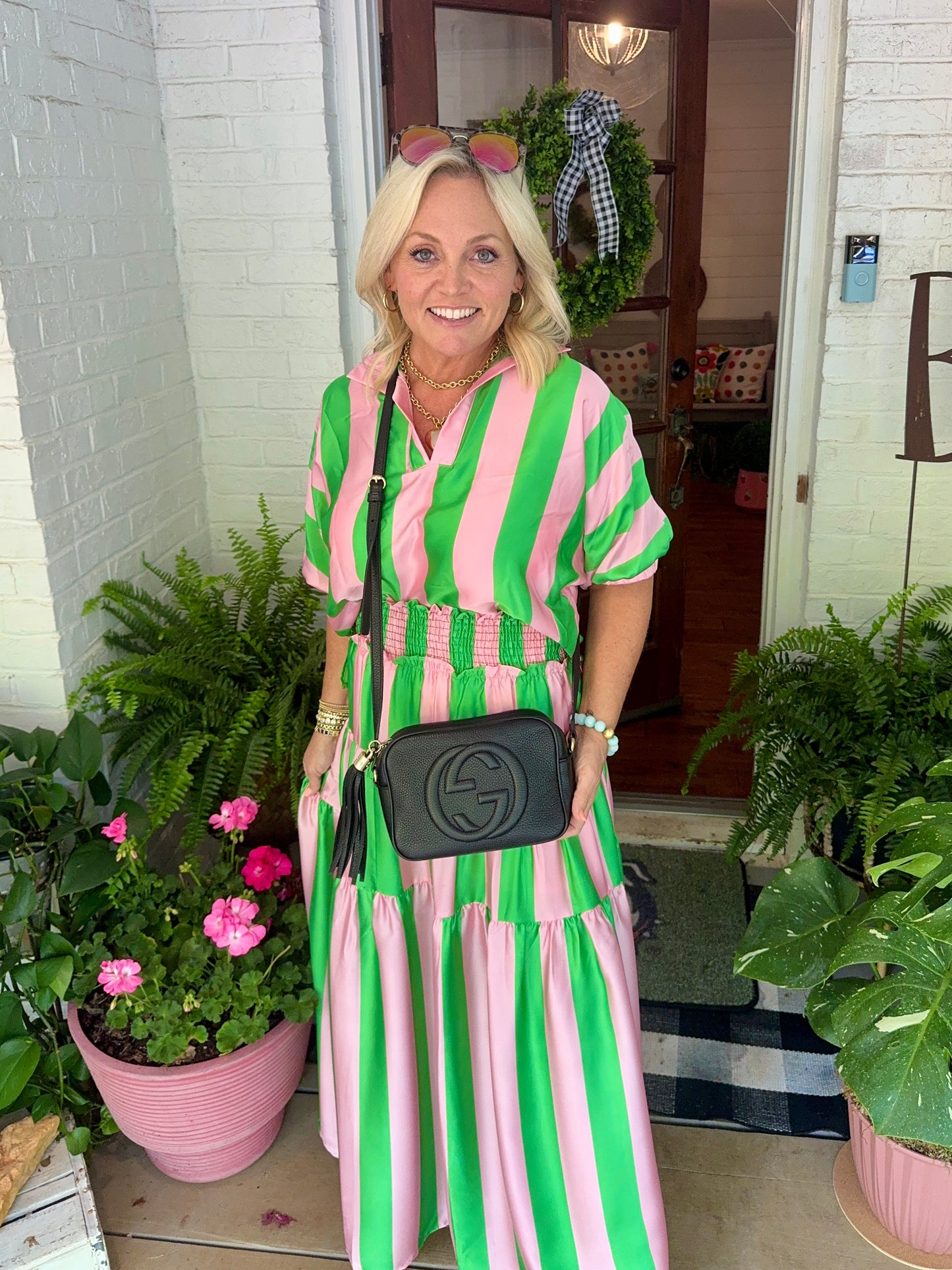 Summer top green and pink striped with collar marked down