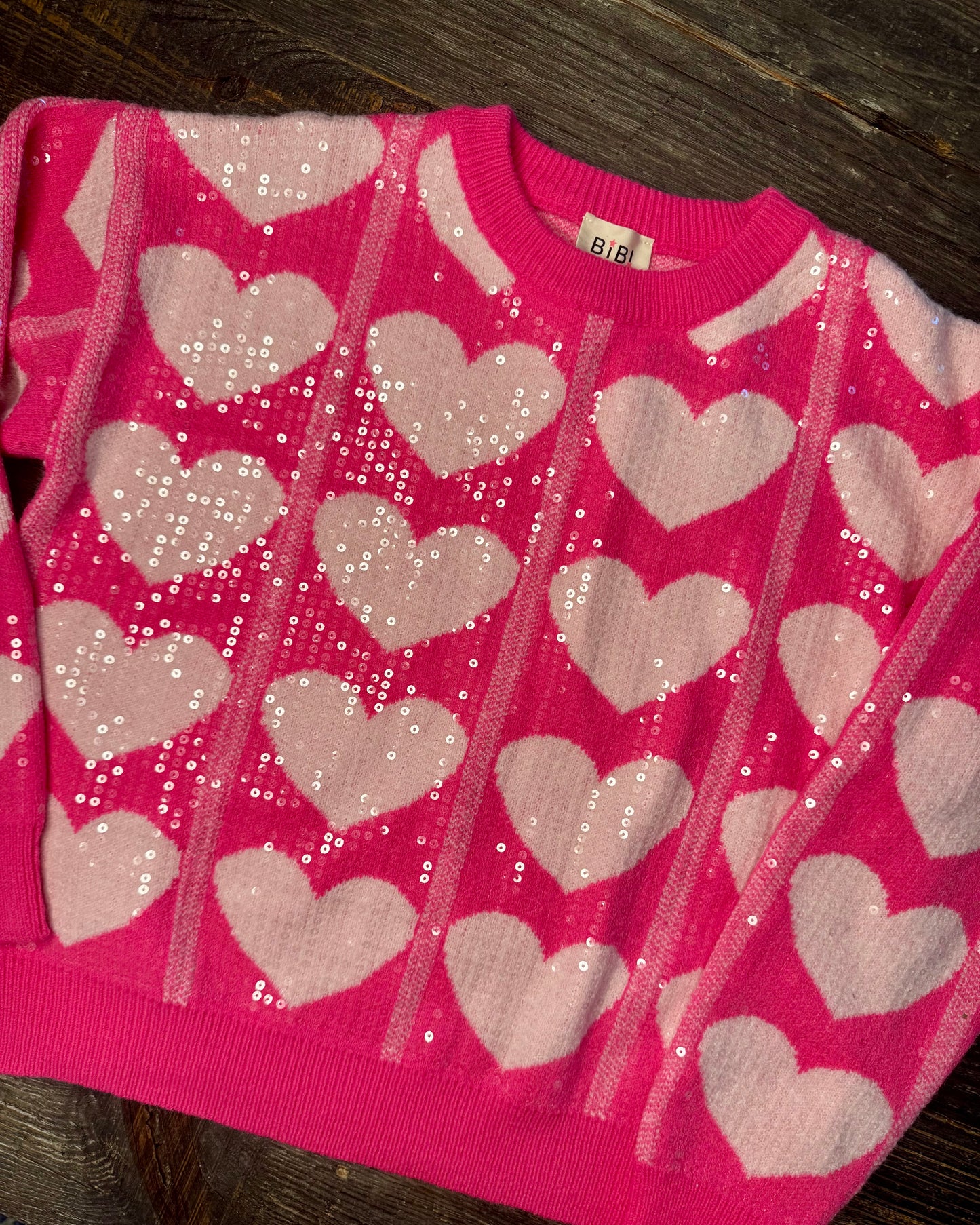 Pink sequin heart sweater warehouse clearance sale marked down