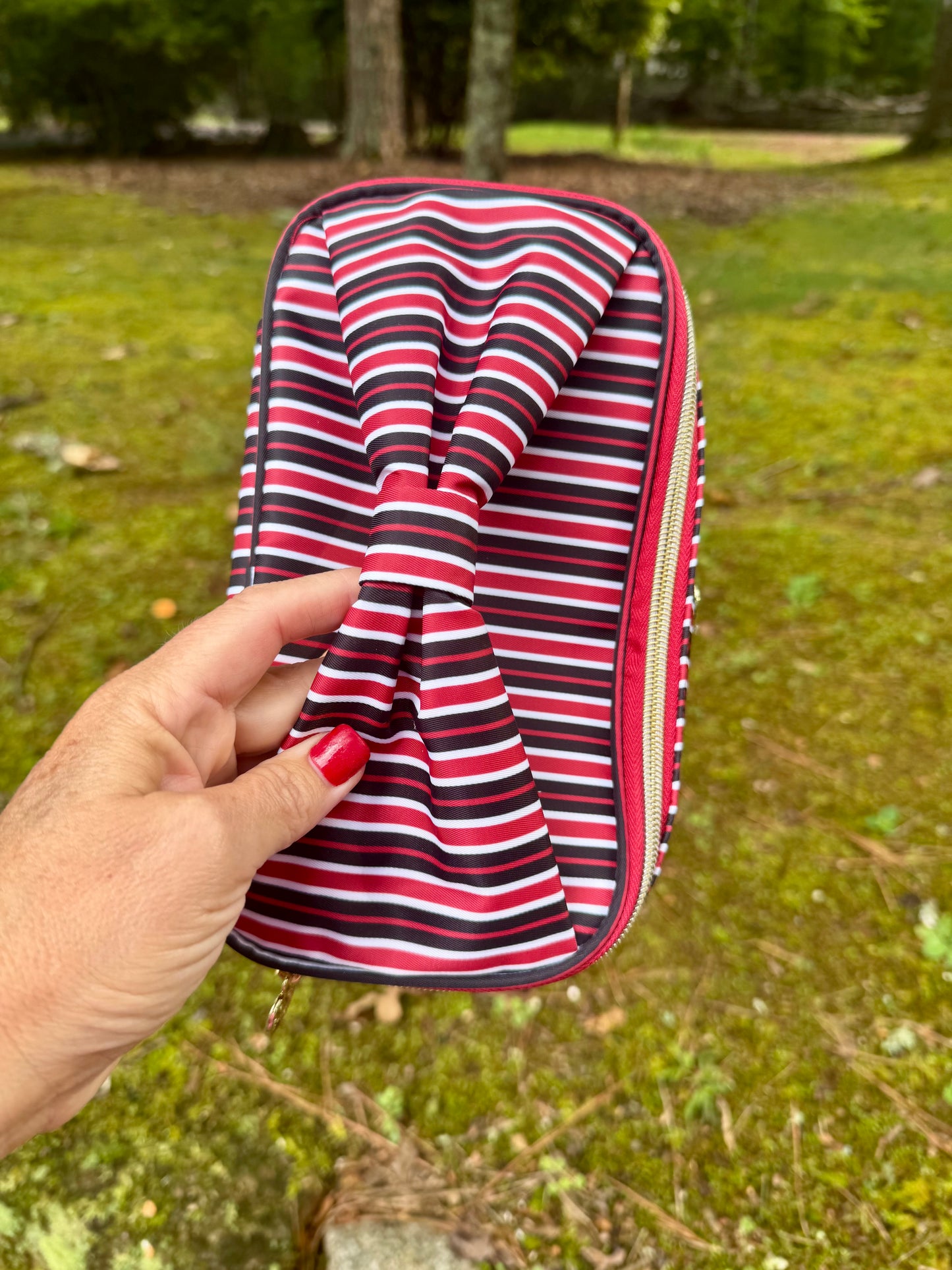 Red and black stripe cosmetic bag with bow handle!