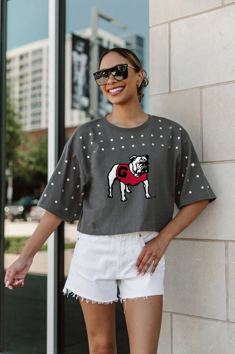 Cropped charcoal gray licensed bulldog top with rhinestones