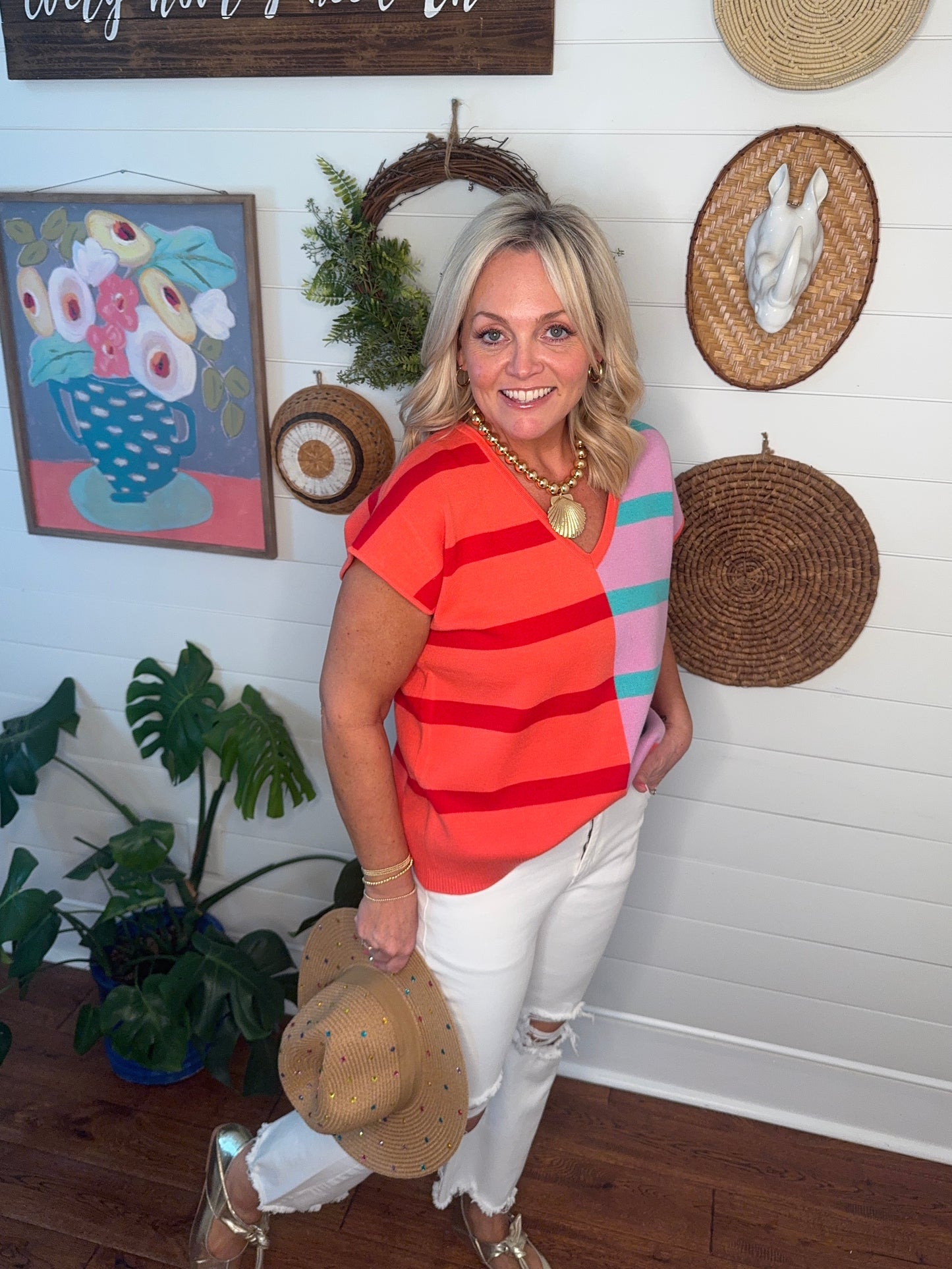 Sweater top stripe color block marked down