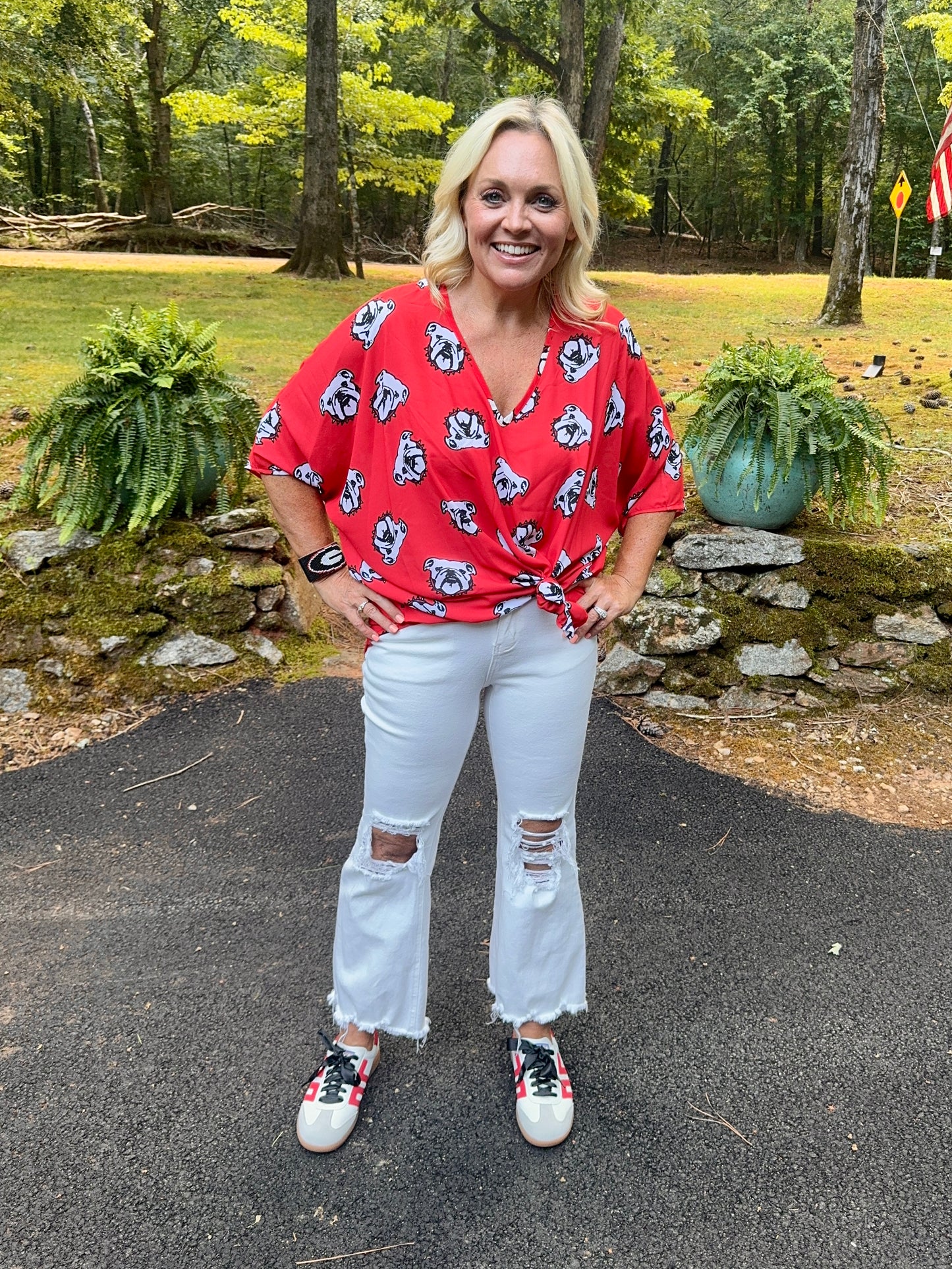 Flowy Red and black bulldog oversized top with sleeves