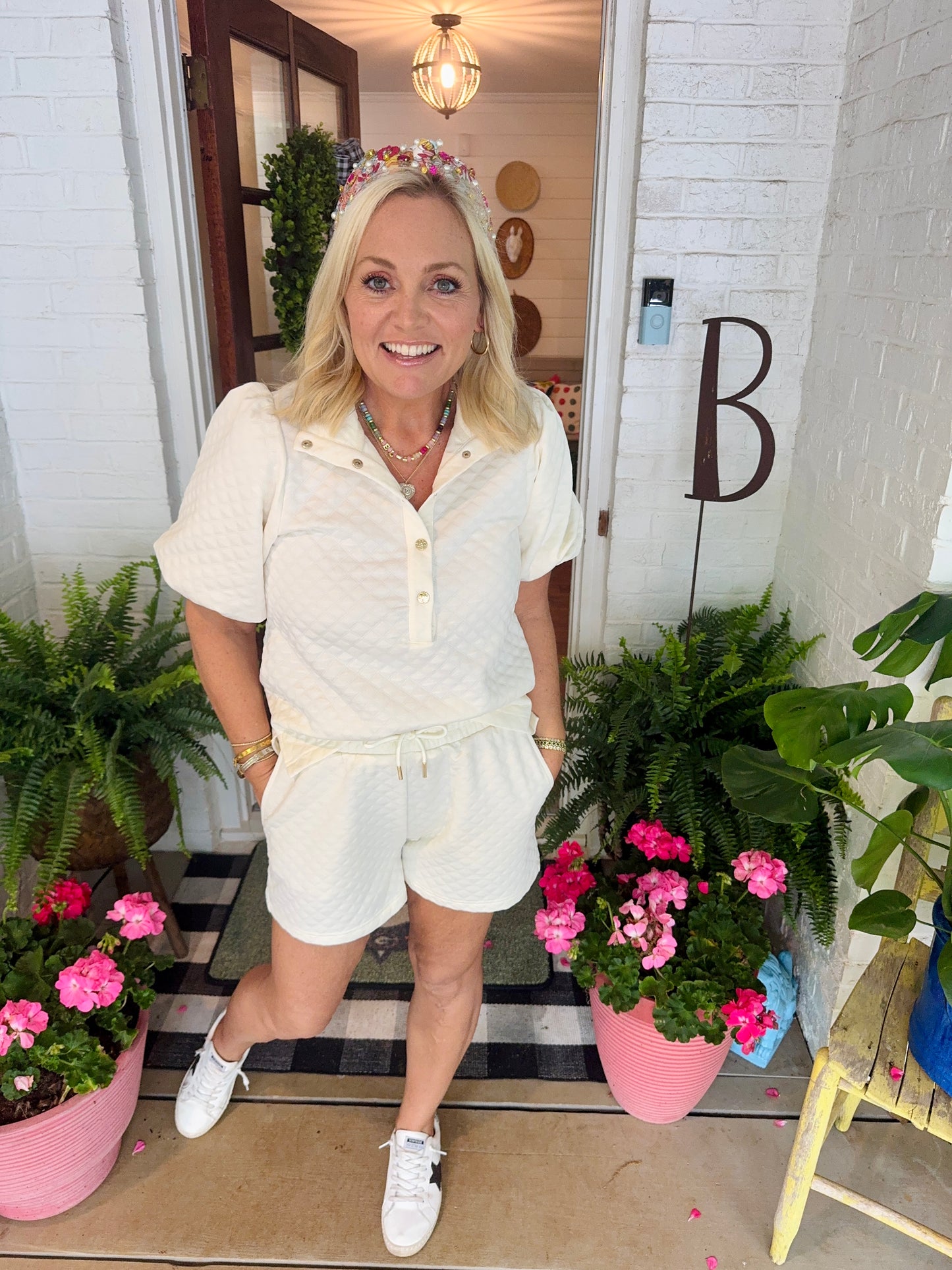 White cream ivory summer set jacquard bubble sleeve marked down