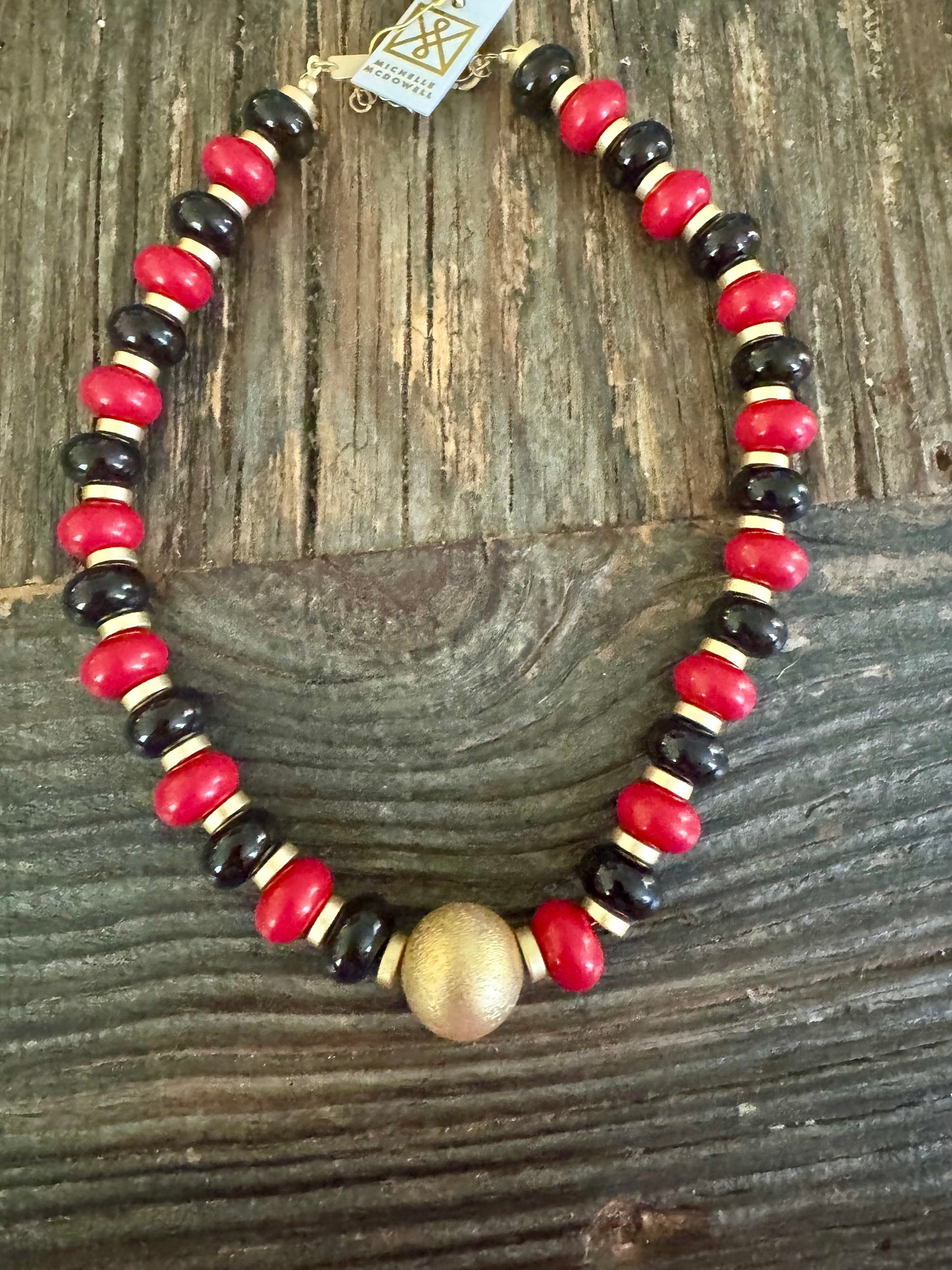 Beaded red black and gold necklace
