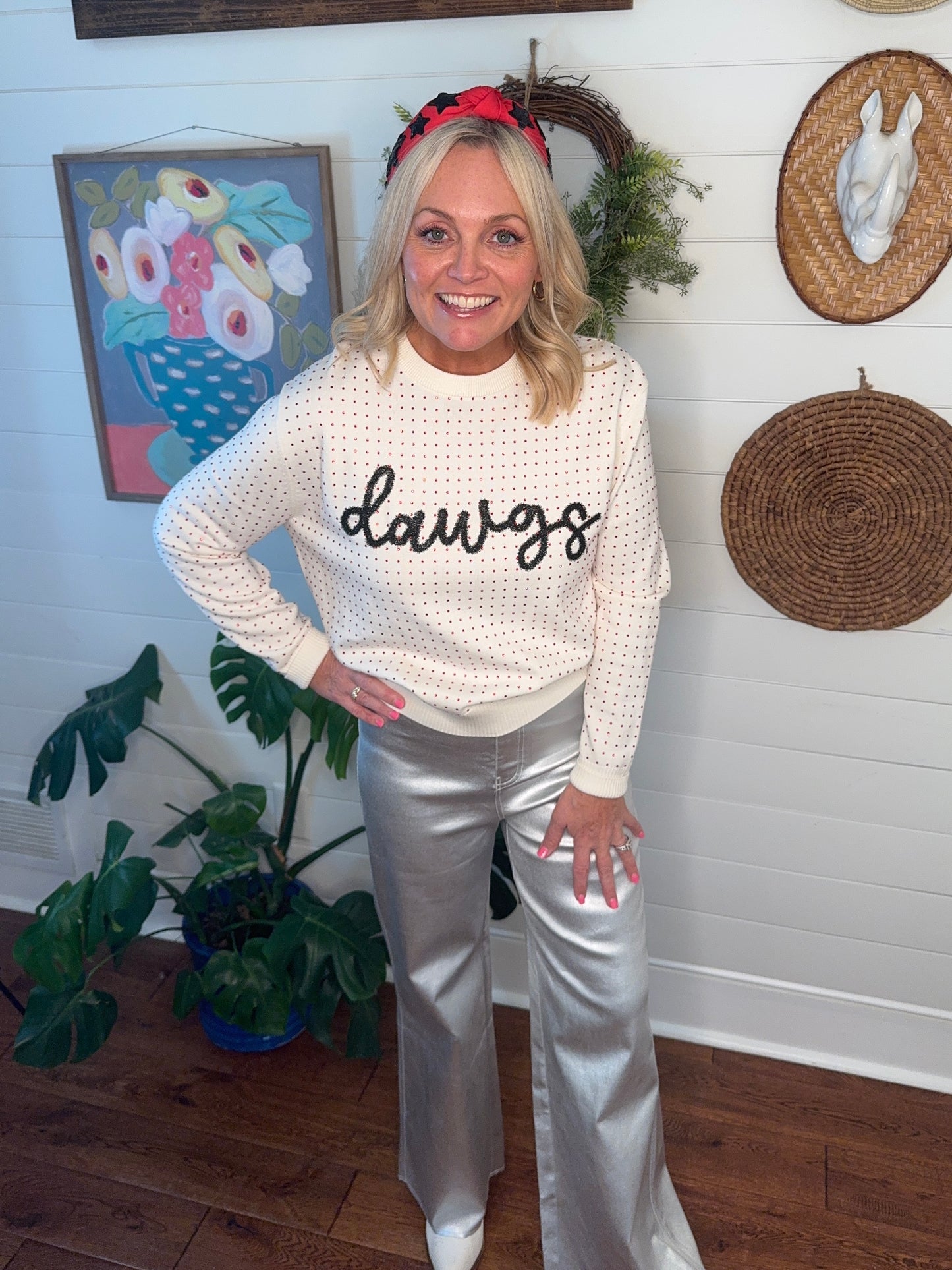 The Dawgs rhinestone and glitter script sweater licensed marked down