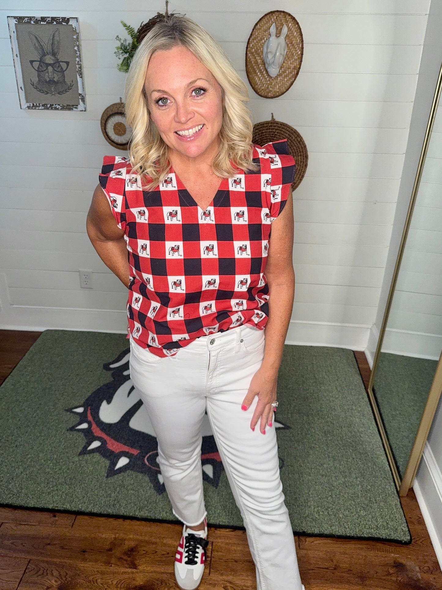 New Gingham ruffle top licensed bulldog