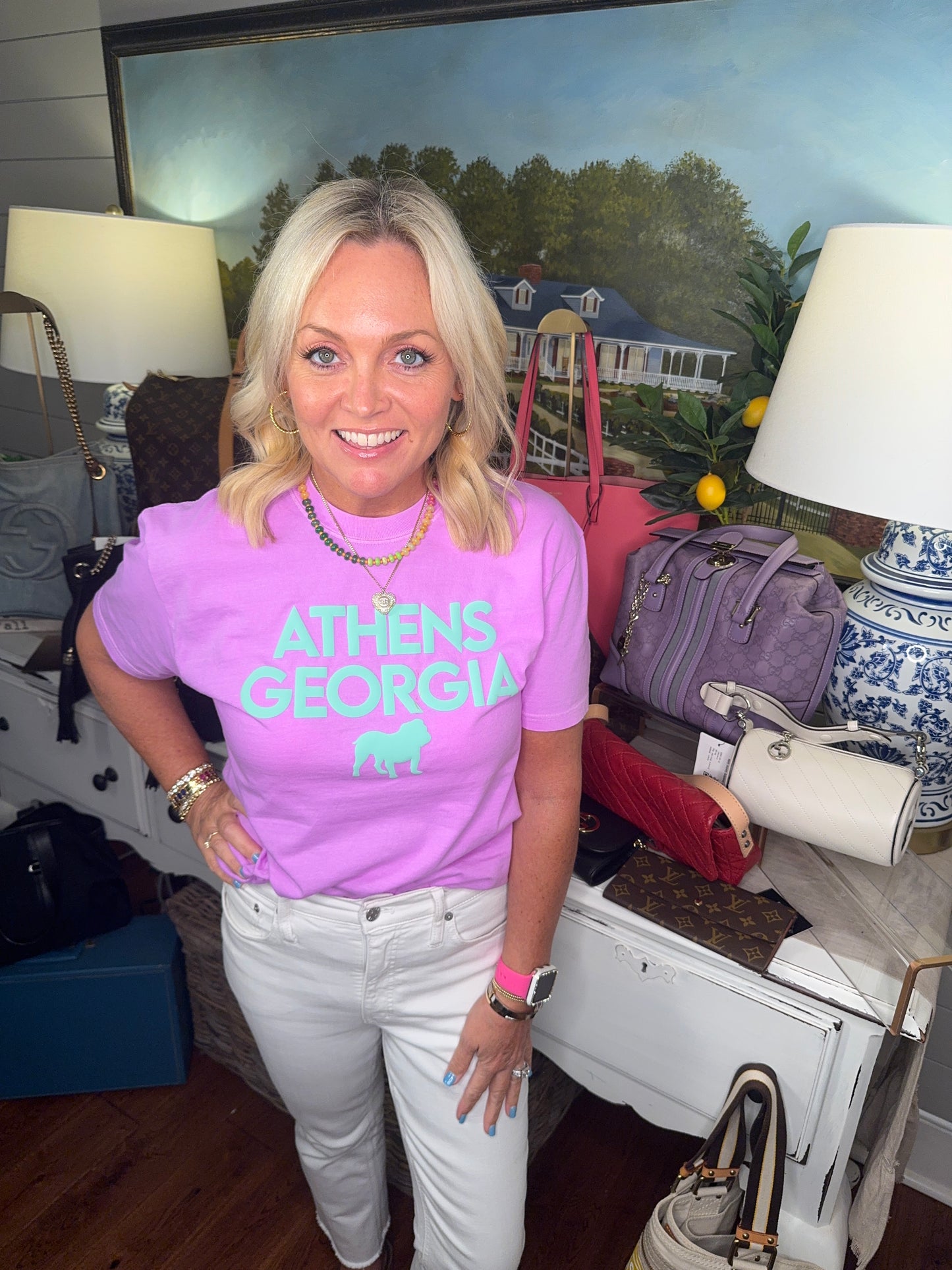 Bright lavender t shirt with turquoise Athens summer T-shirt