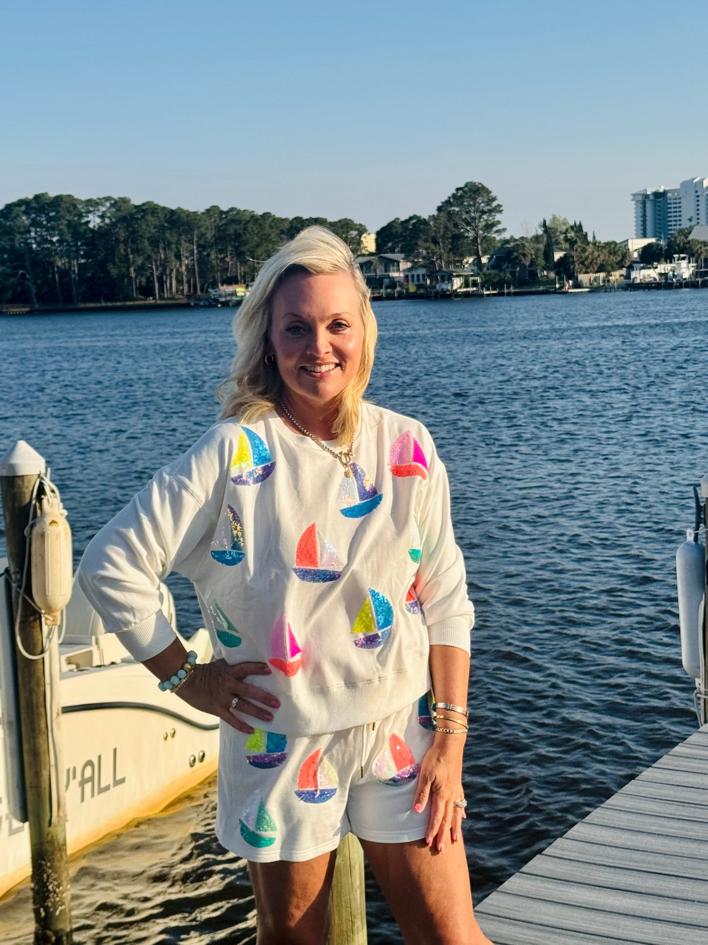 Sequin sailboat short and sweatshirt set marked down