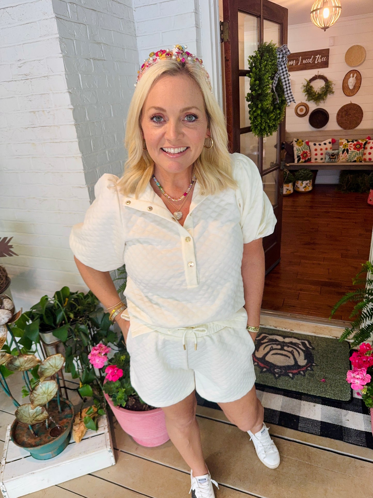 White cream ivory summer set jacquard bubble sleeve marked down