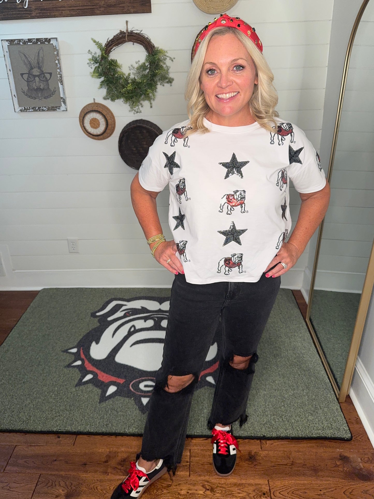 New White boxy tee with all over sequin bulldog licensed