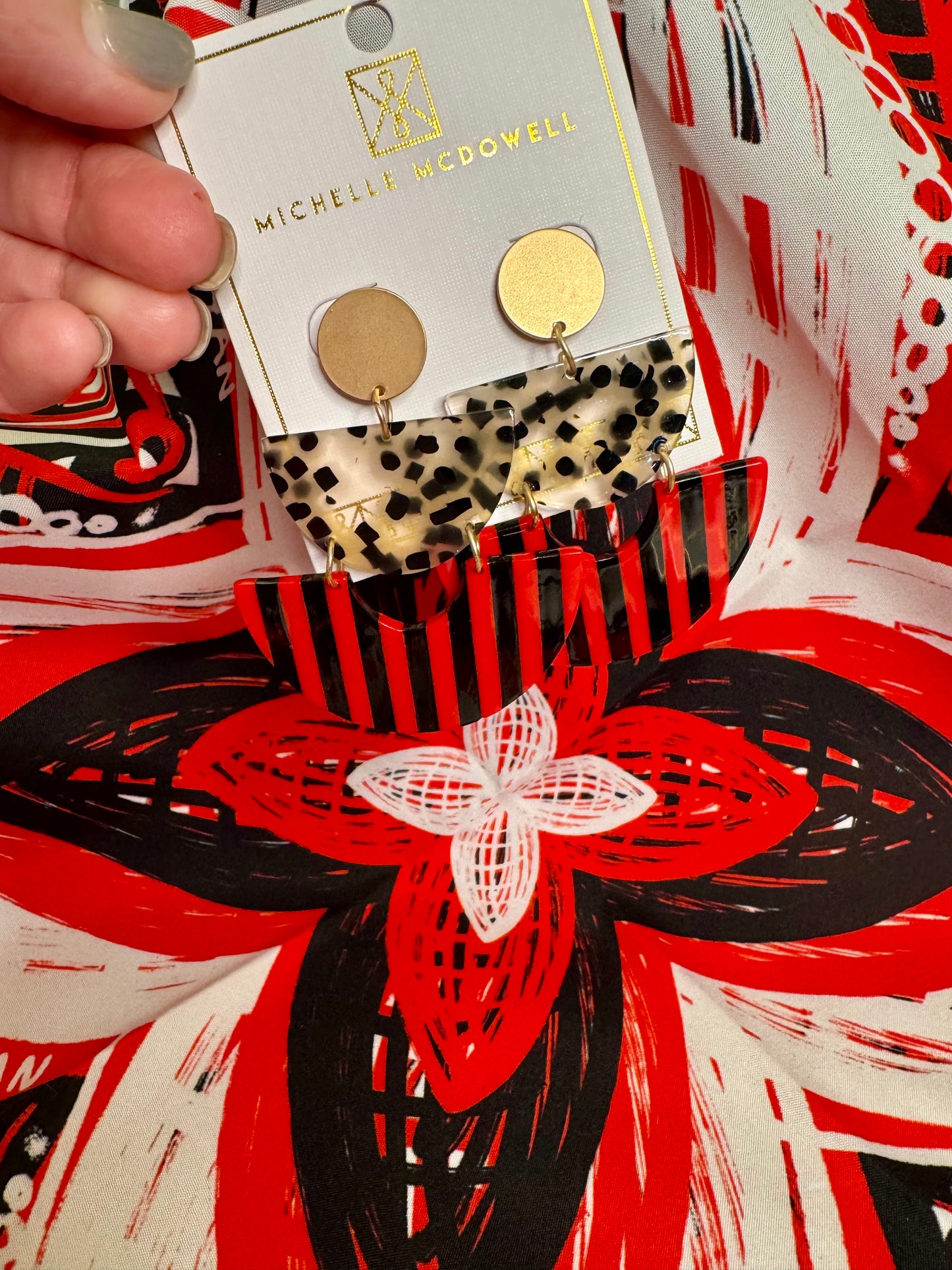 Acrylic red and black and gold dangle geo earrings