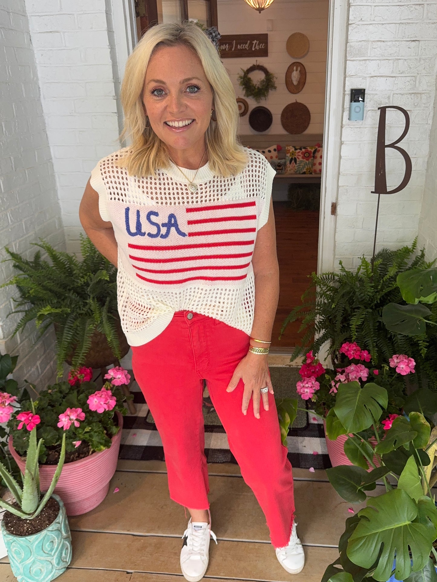 American flag light weight knit top sleeveless summer marked down