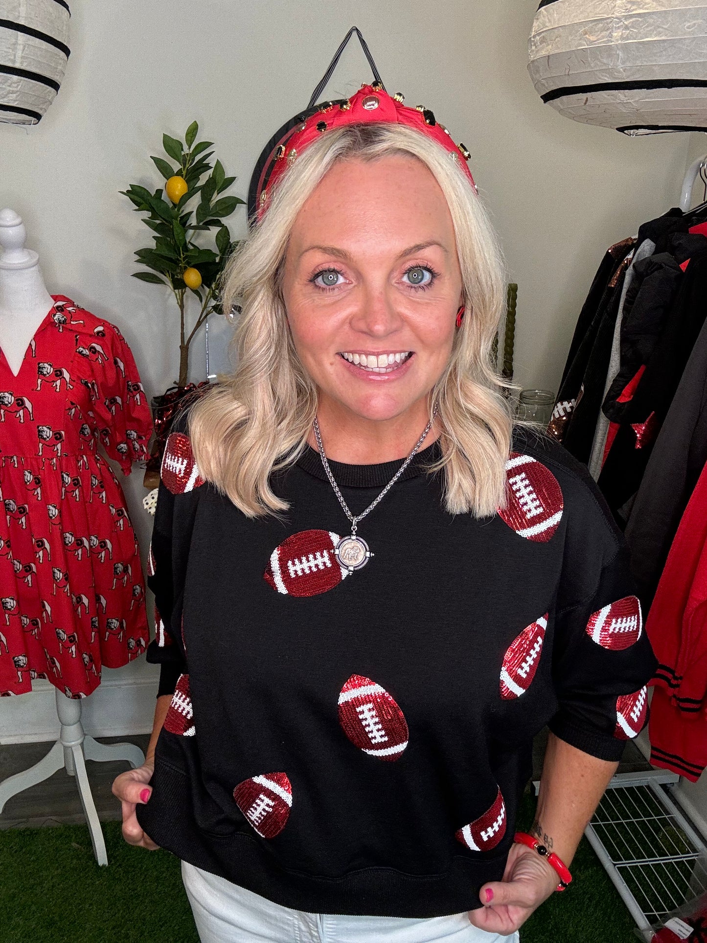 Luxury boutique sweatshirt football sequin UGA fall collection marked down
