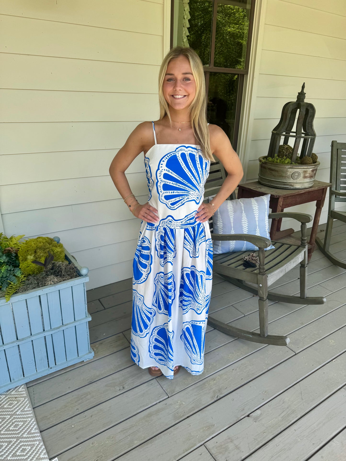 Summer long maxi dress blue and white shell marked down