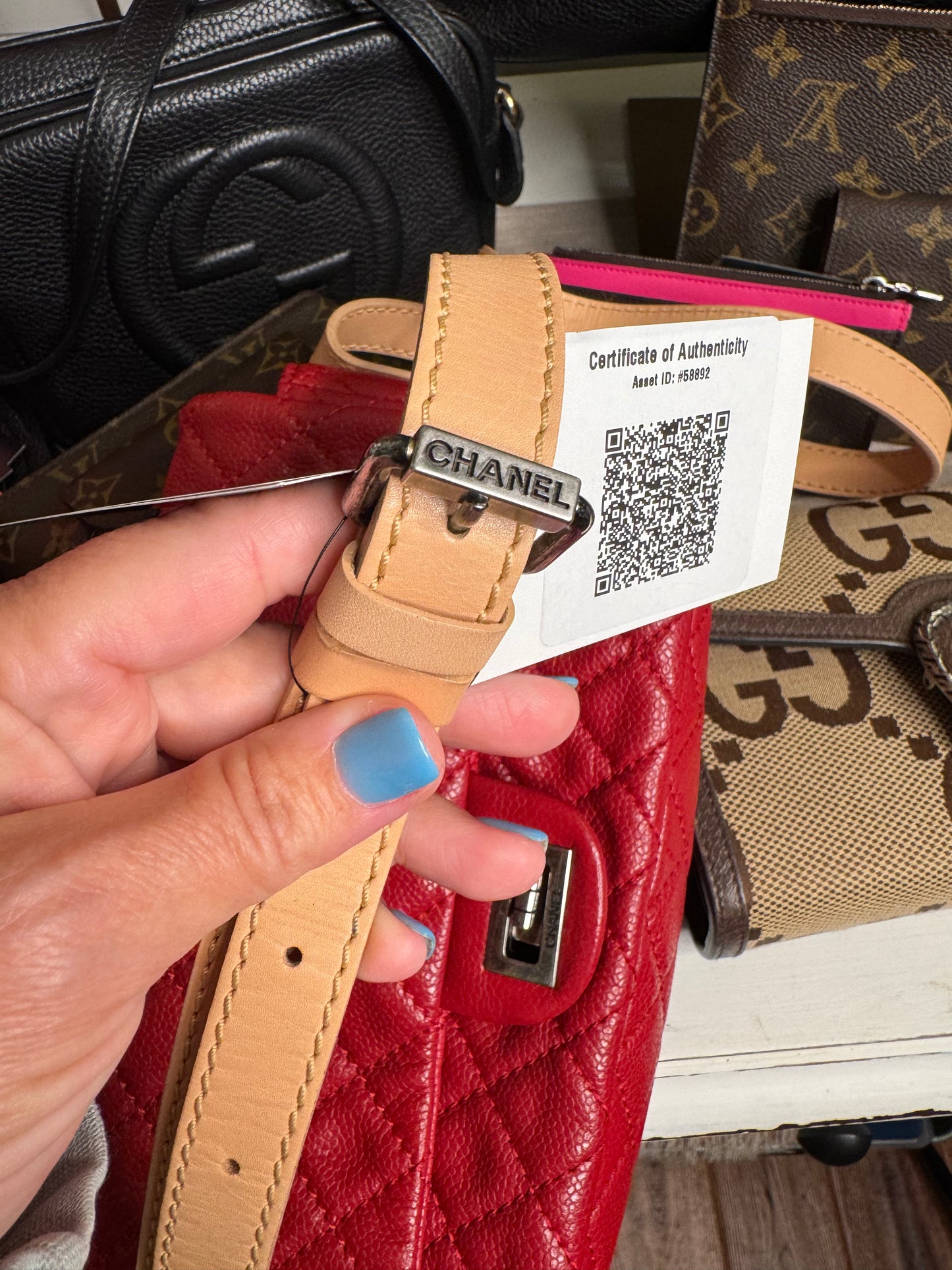 pre loved Chanel Red Hishige Caviar Shoulder Bag Silver Shoulder Back Bag Red Shoulder Bag Caviar (grained Calf) AB