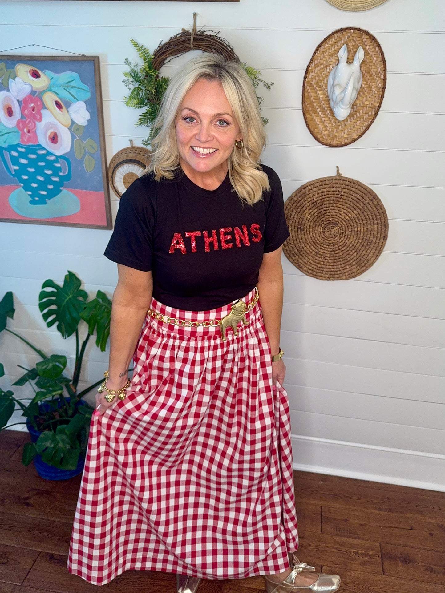 red and white checked skirt