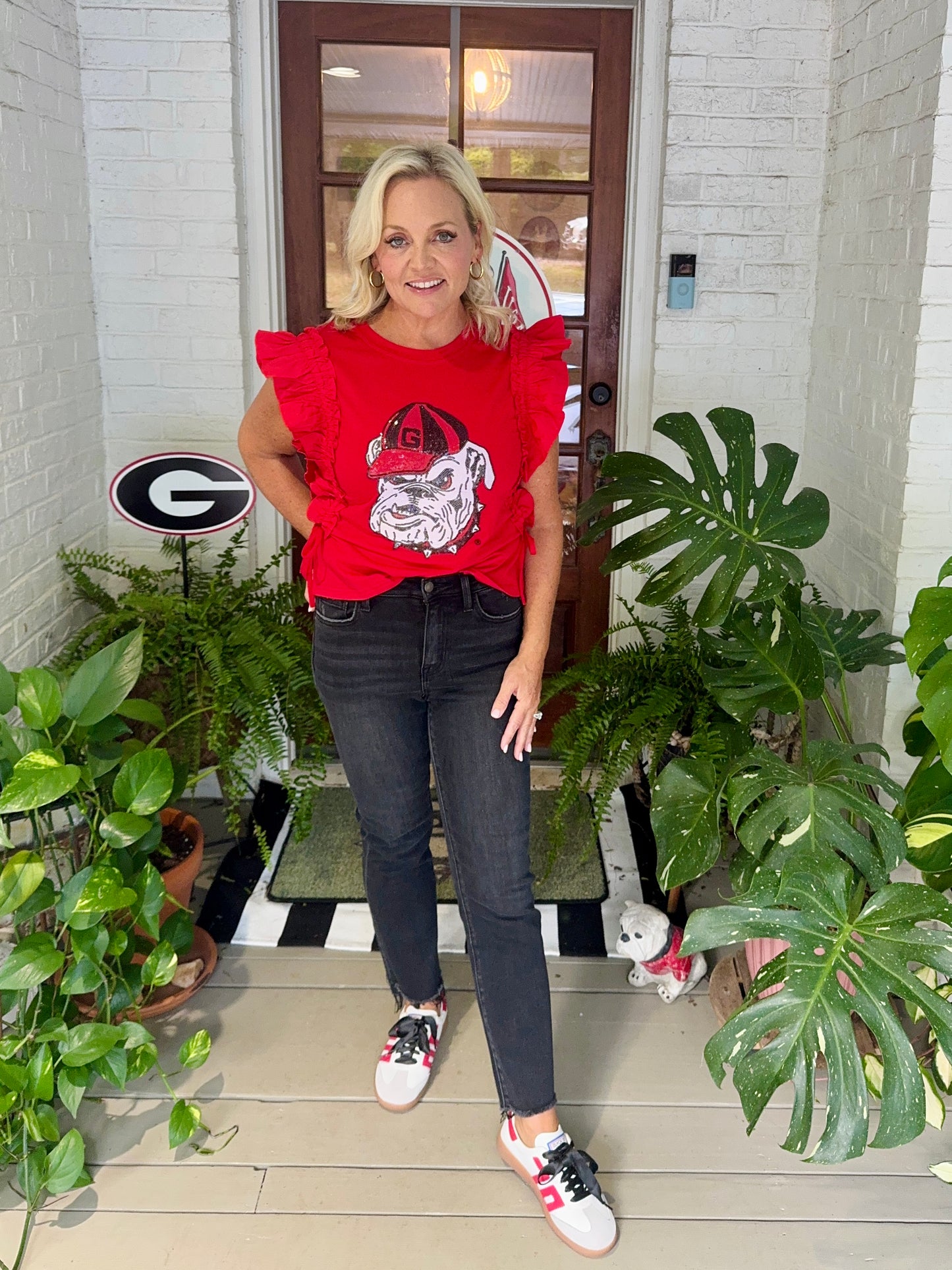 Ruffle Red top licensed with bulldog