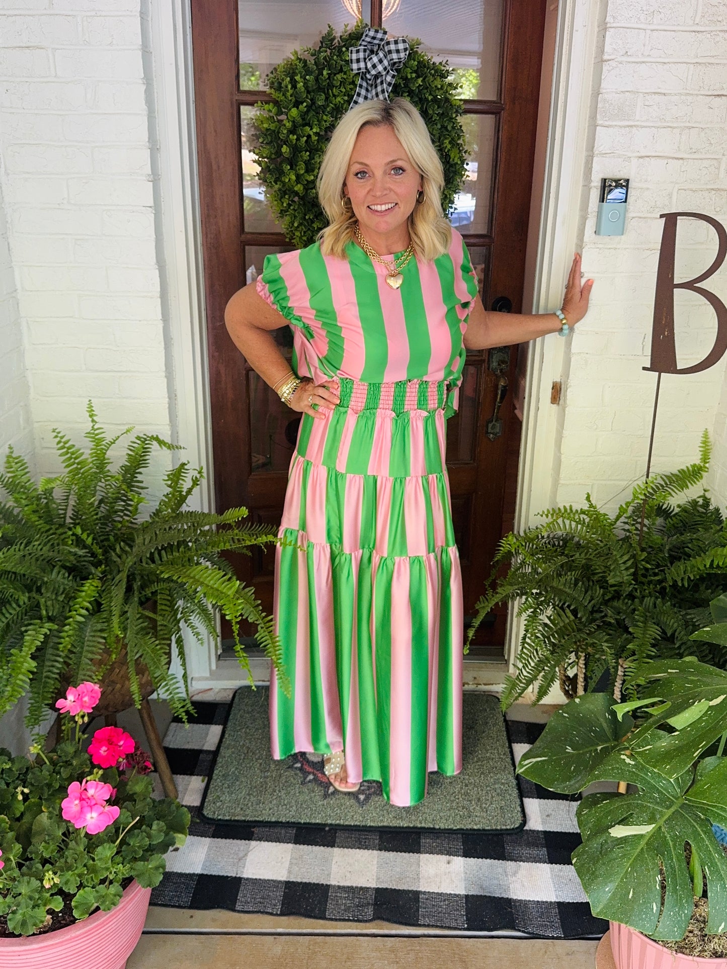Summer green and pink striped summer skirt marked down