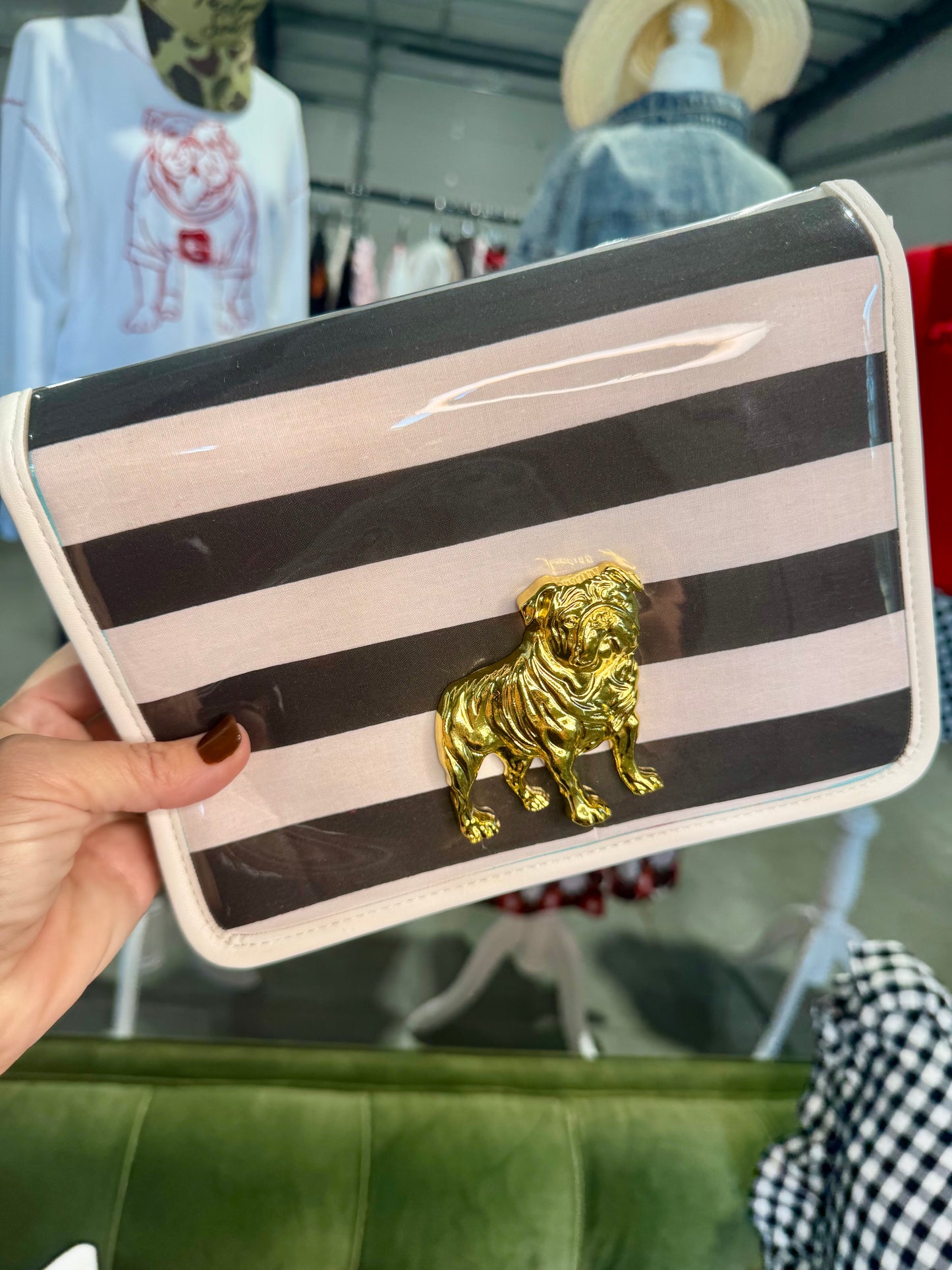 Boutique clear purse/bag with bulldog medallion
