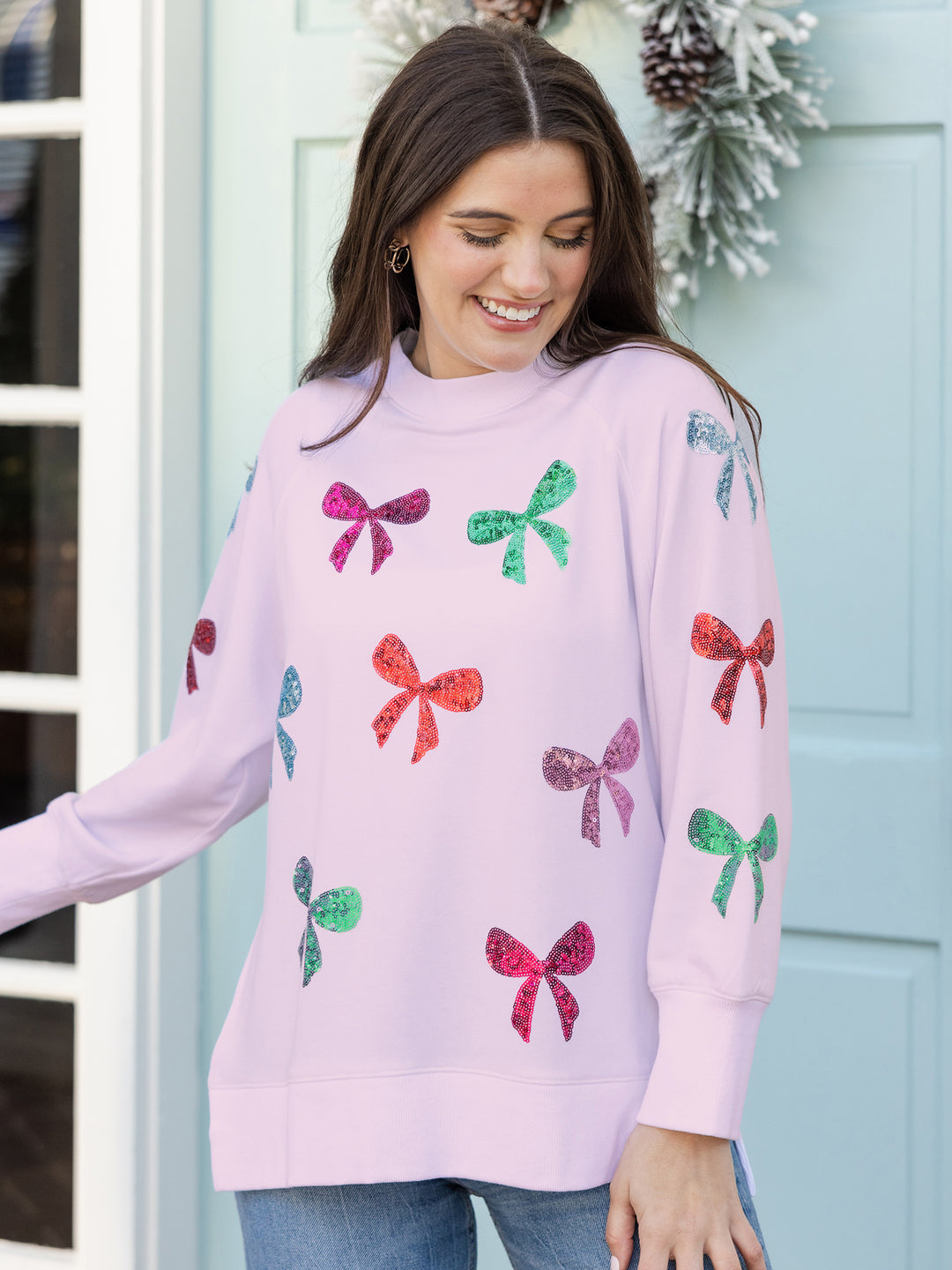 Sequin bow sweatshirt Christmas marked down