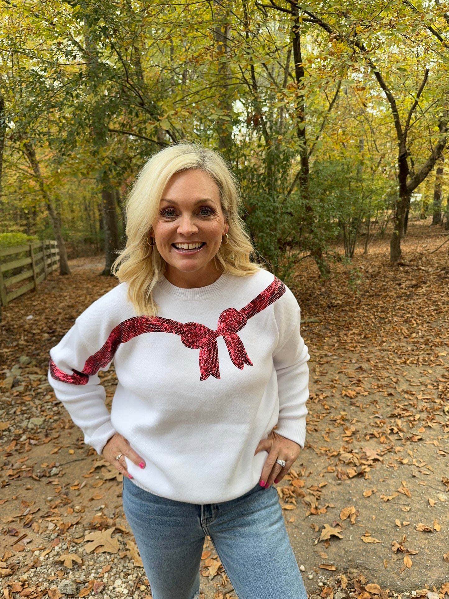 Marked down White sweater red sequin bow Christmas up to size 3X!