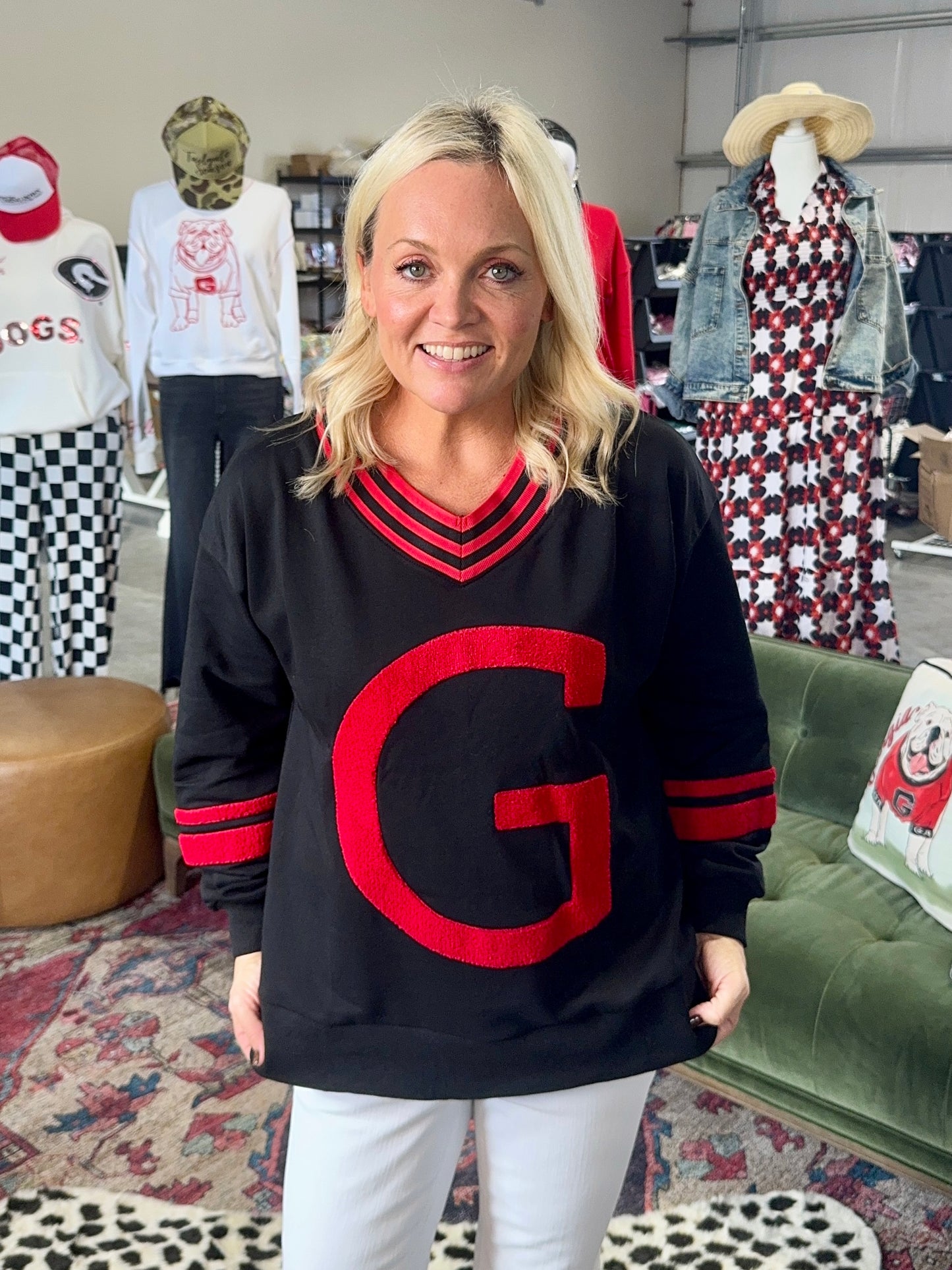 Black pullover with Giant red fuzzy G