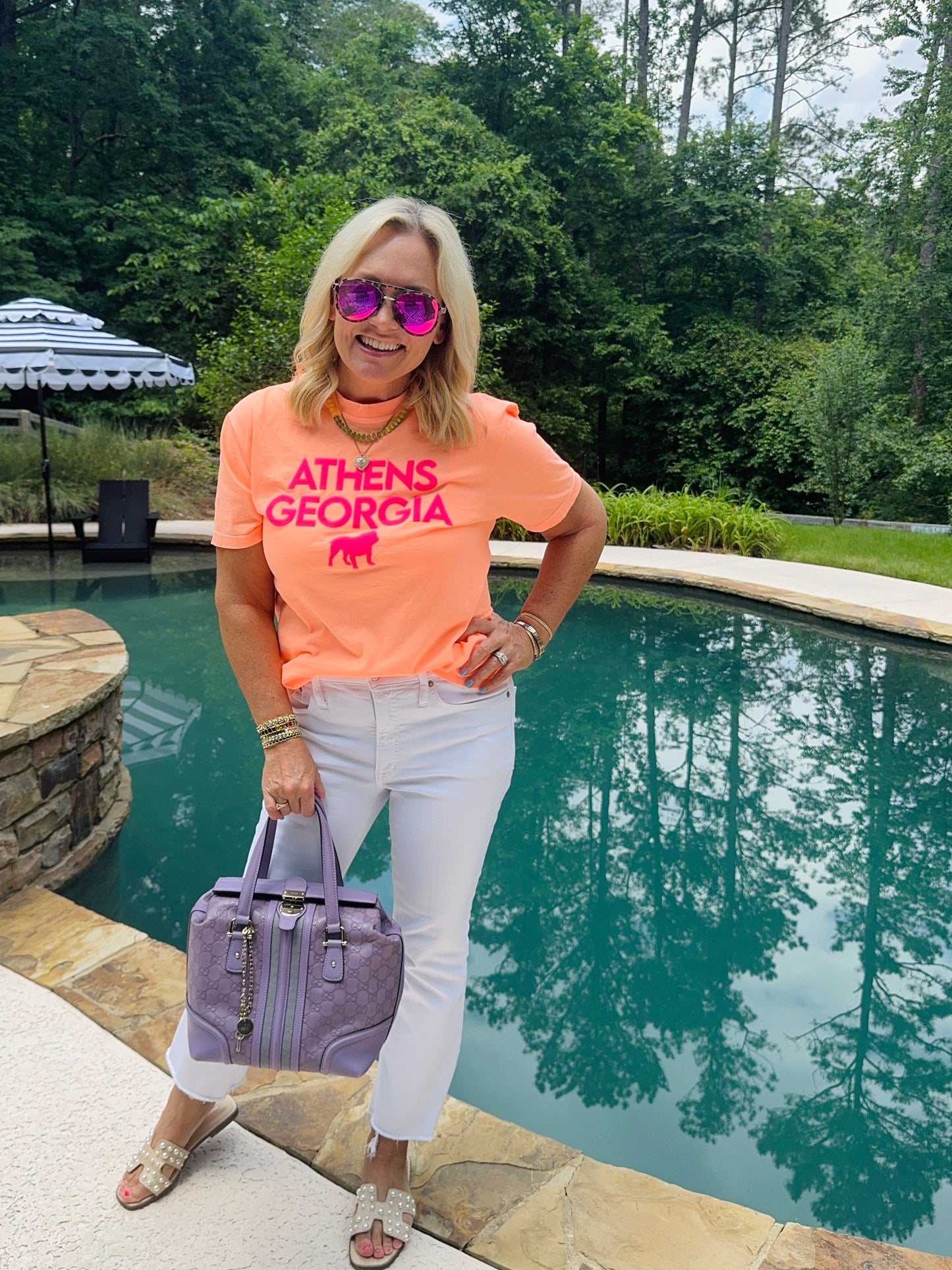 Neon orange peach shirt with hot pink Athens summer T-shirt