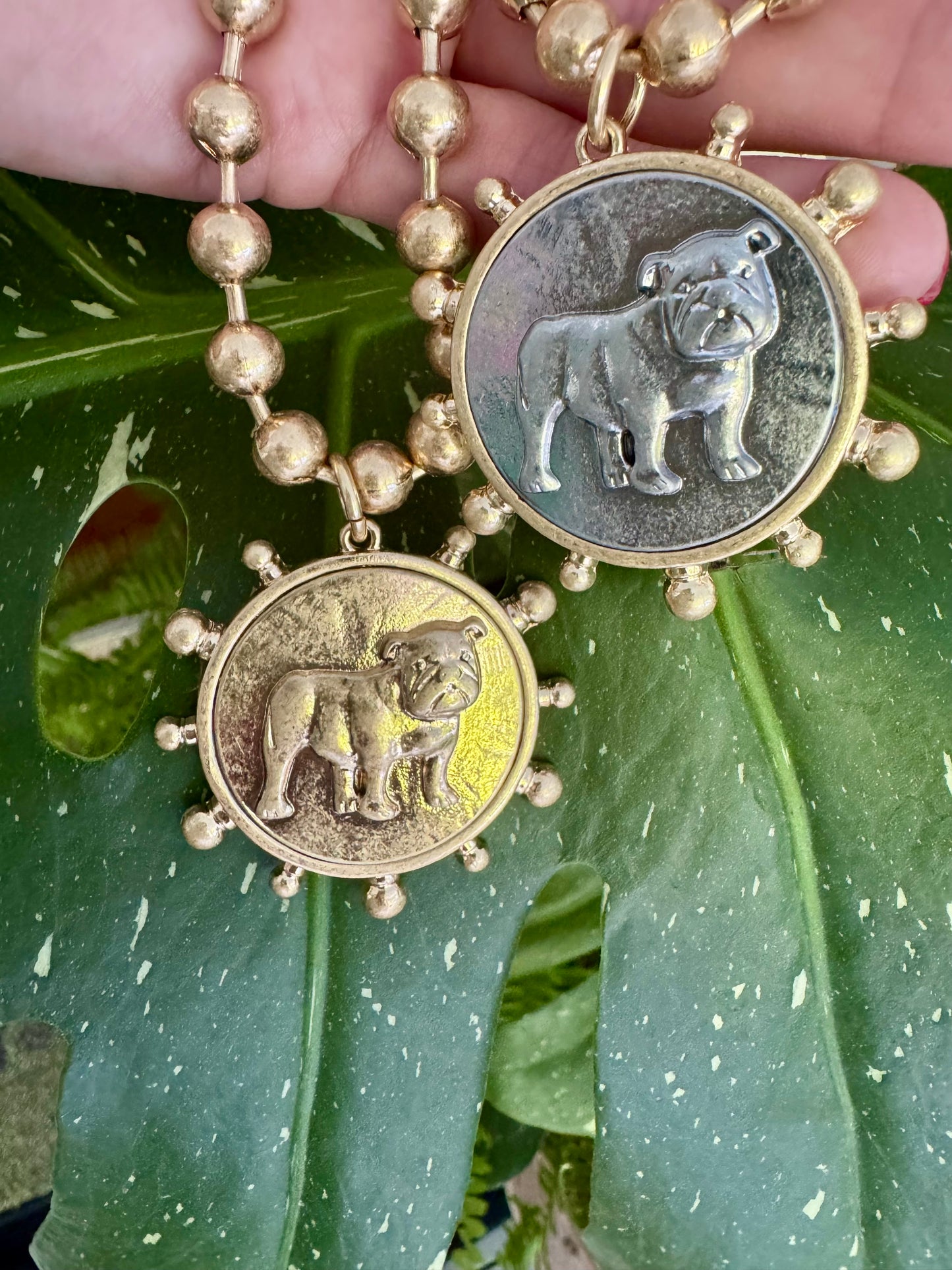Silver or gold bulldog medallion beaded necklace
