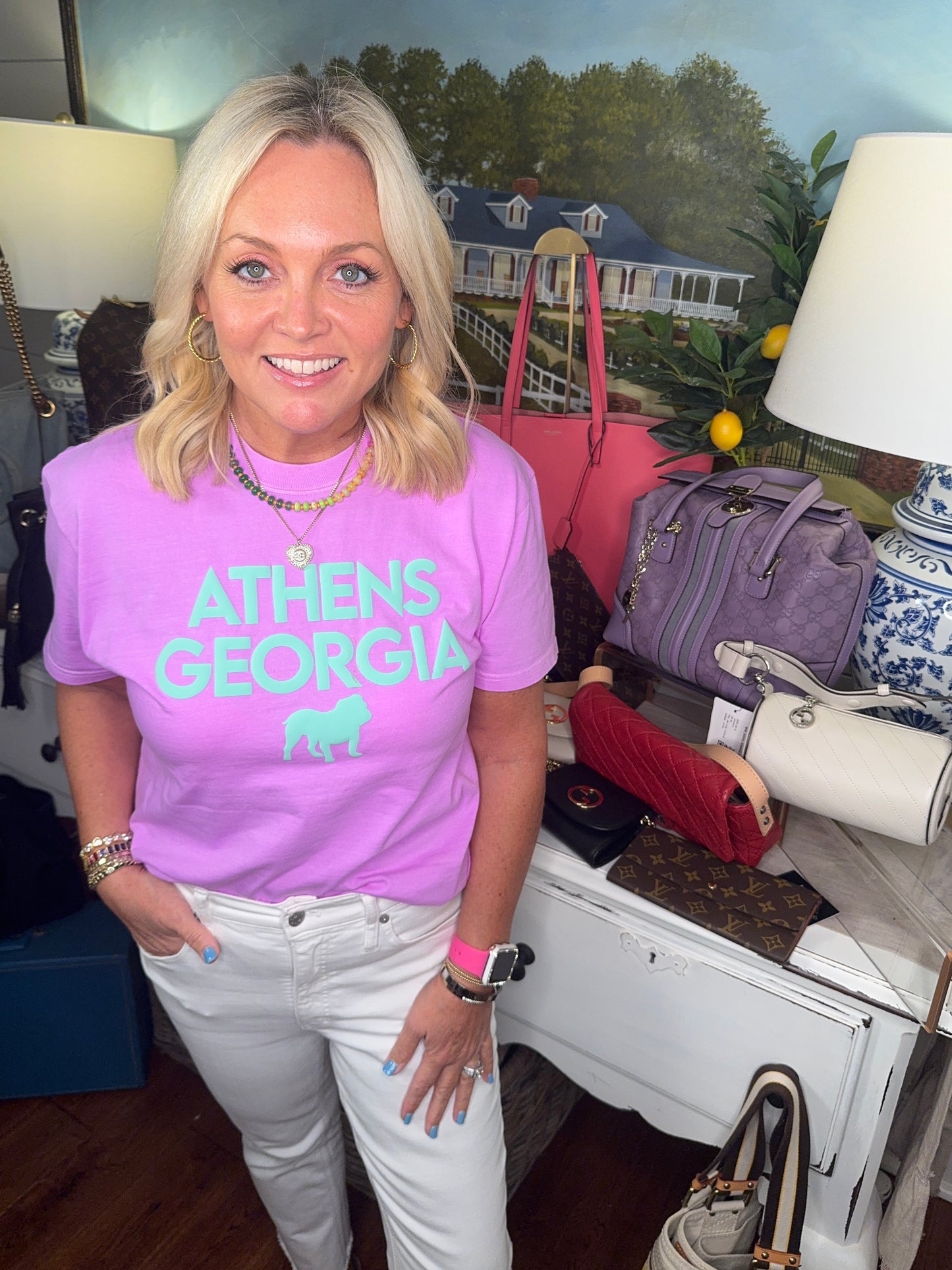 Bright lavender t shirt with turquoise Athens summer T-shirt