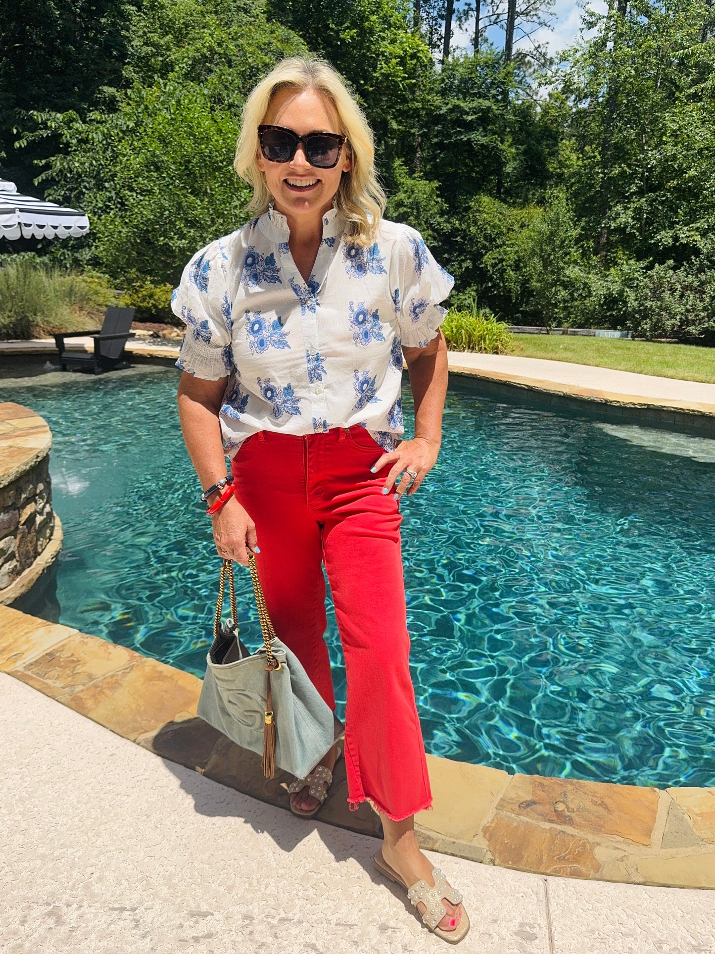 Blue and white floral summer blouse marked down