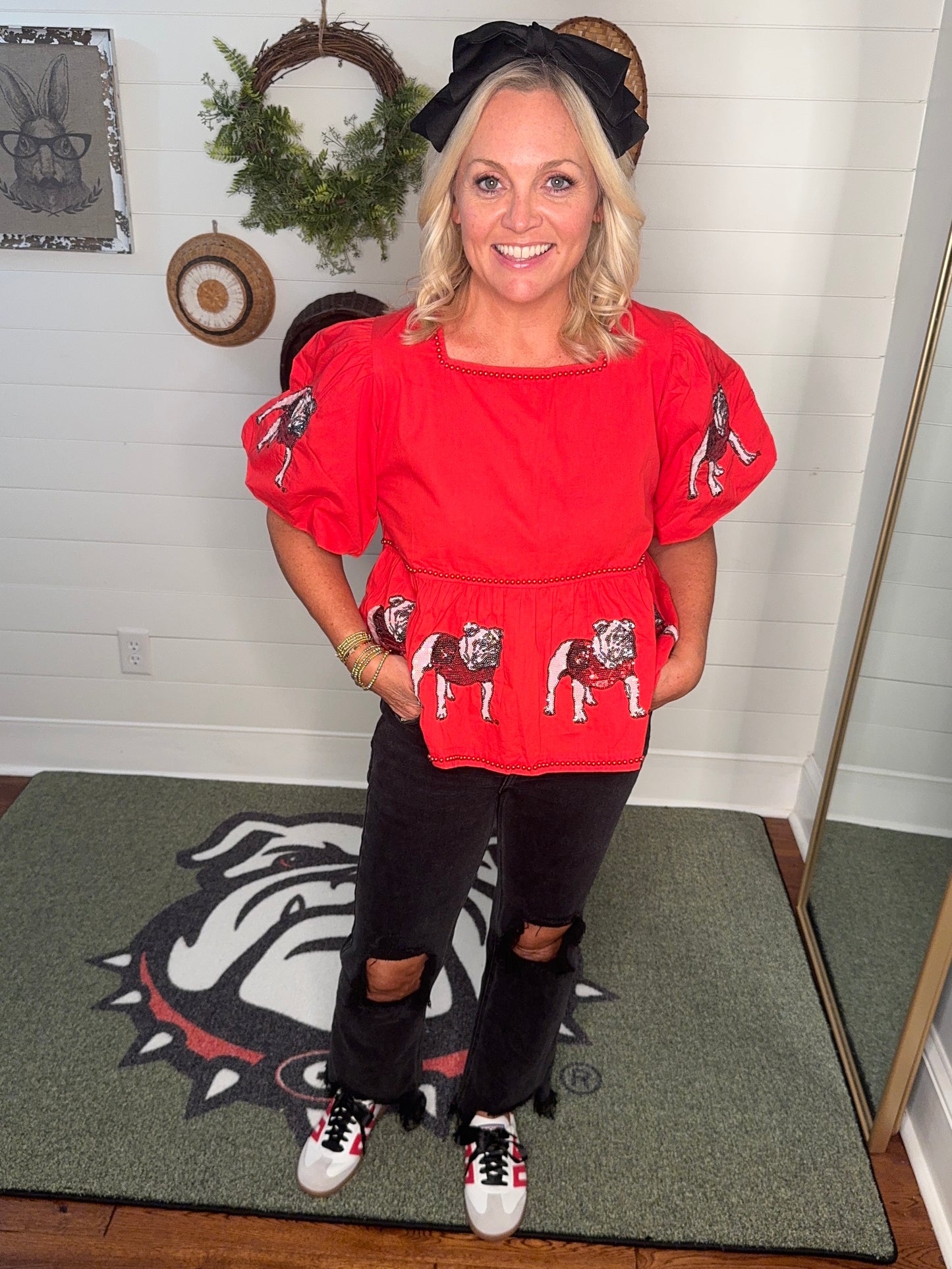 New Sequin bulldog peplum top red licensed lined with red pearl beads