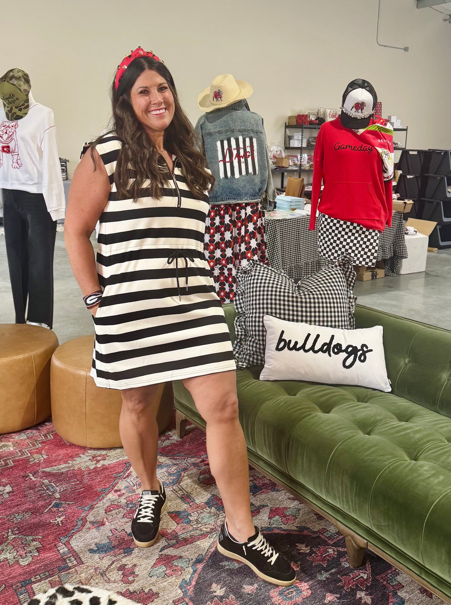New knit dress black and white cream stripe