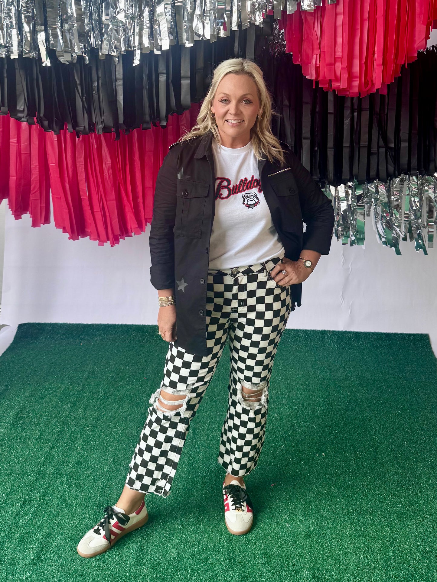 Game day black and white checked distressed raw edge jeans