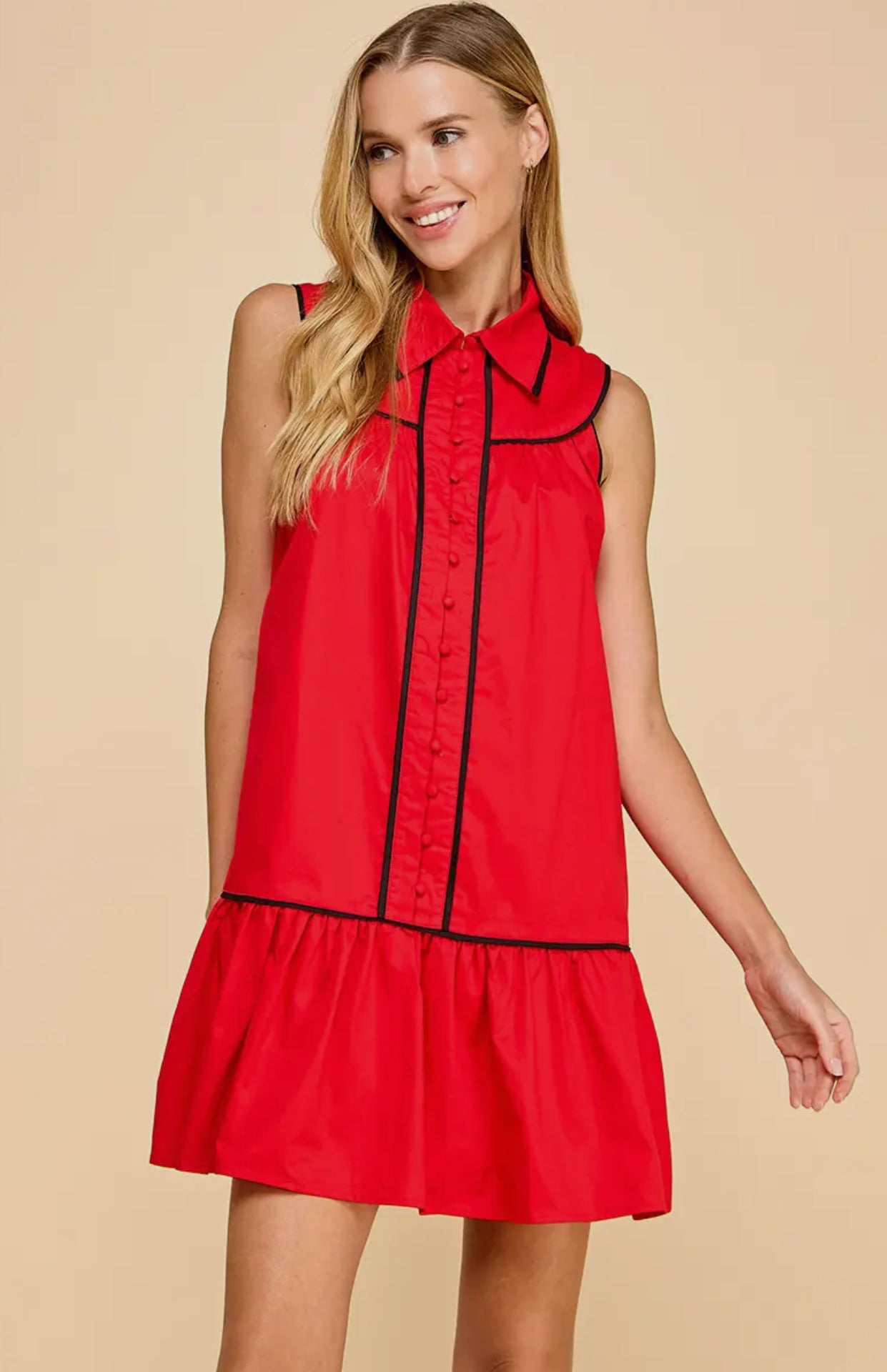 Collared shirt dress red with black trim