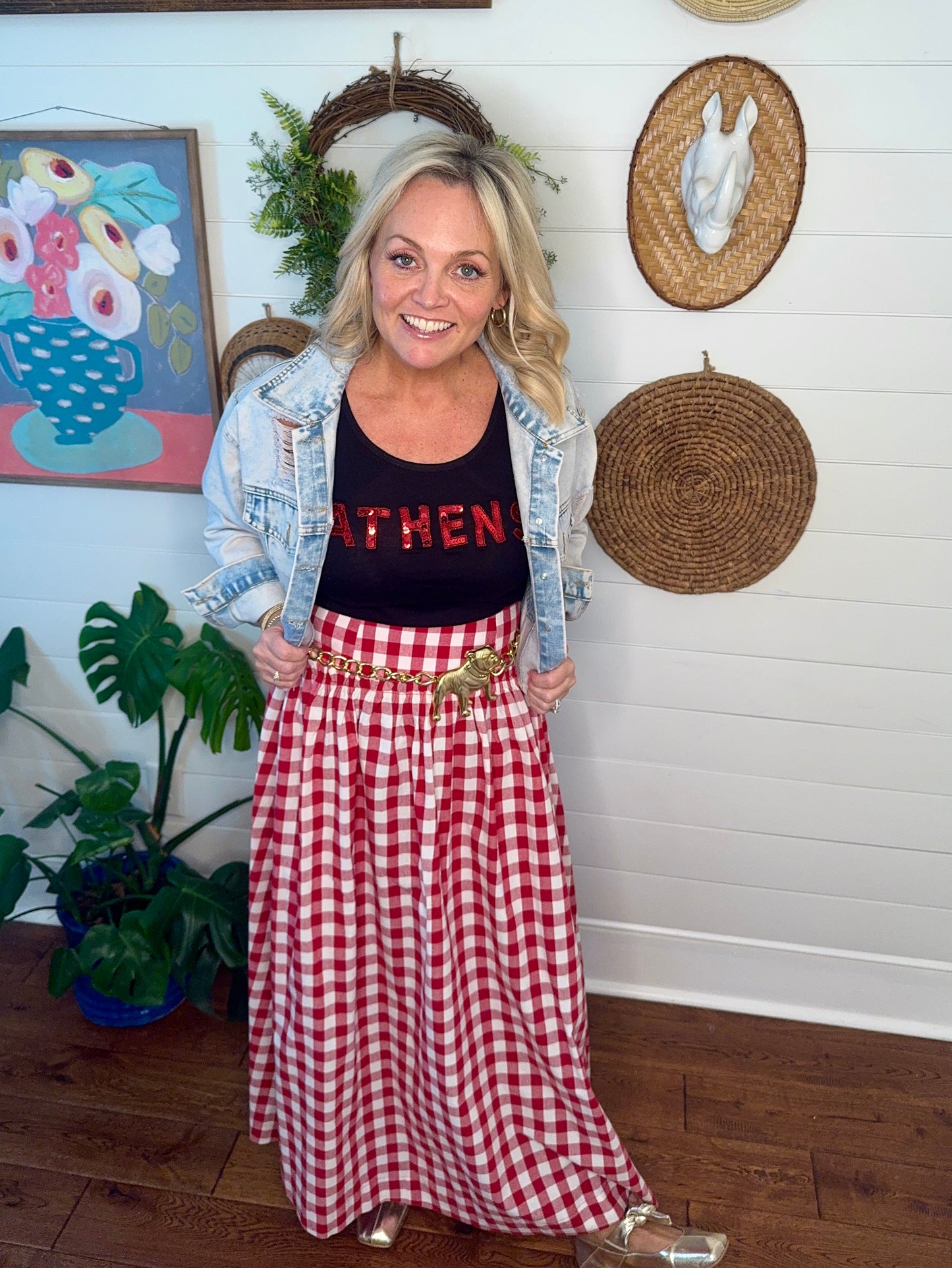 red and white checked skirt