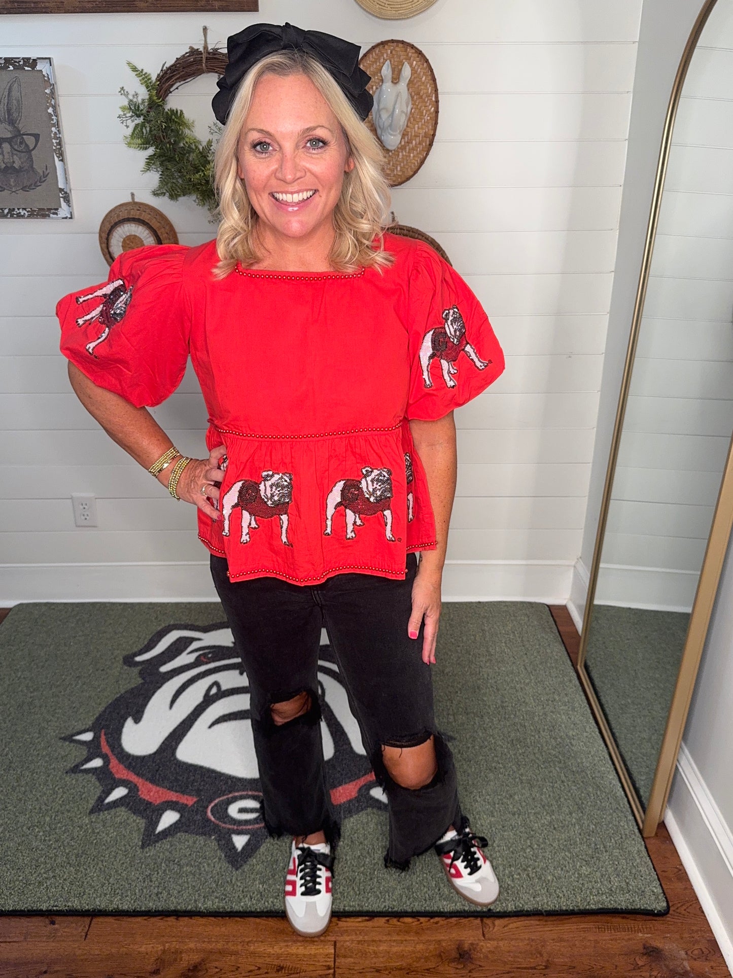 New Sequin bulldog peplum top red licensed lined with red pearl beads